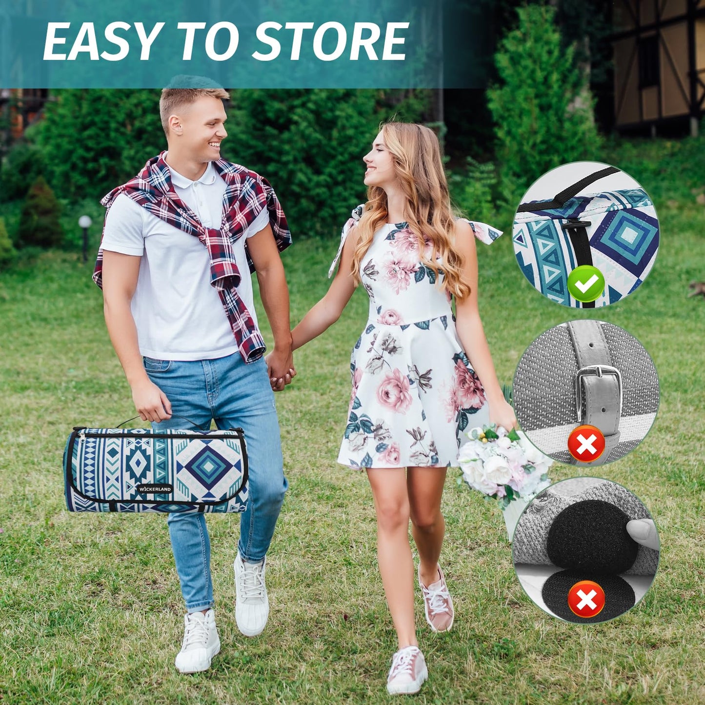 Picnic Blankets Extra Large Outdoor - Beach Blanket Waterproof Sandproof with Shoulder Strap, Machine Washable, Picnic Mat with Stakes for Grass Concert, Park, Lawn,Travel, Spring Summer. Blue