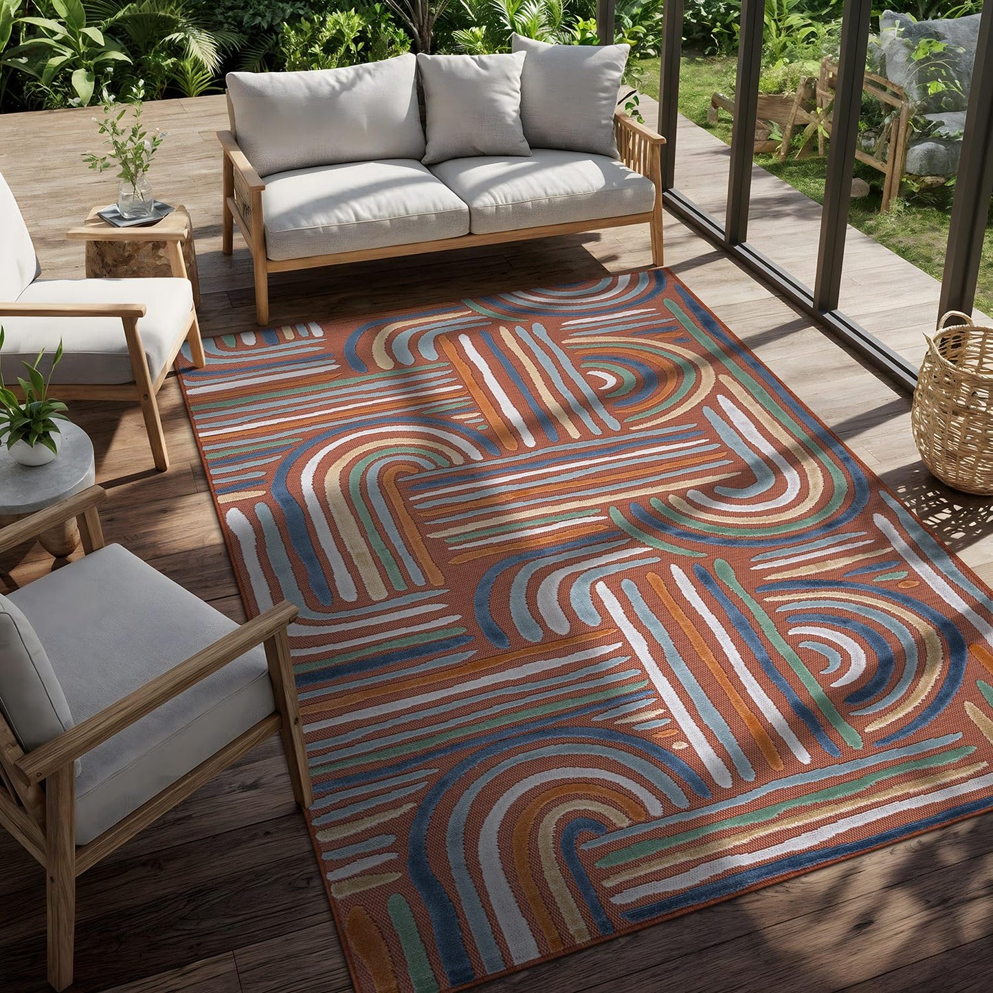 CAMILSON Indoor Outdoor Rug, Orange 5x7 Geometric Arch Striped Area Rugs for Patio and Home Areas, Easy-Cleaning Non-Shedding Living Room, Garden and Deck Washable Outside Carpet (5 x 7)