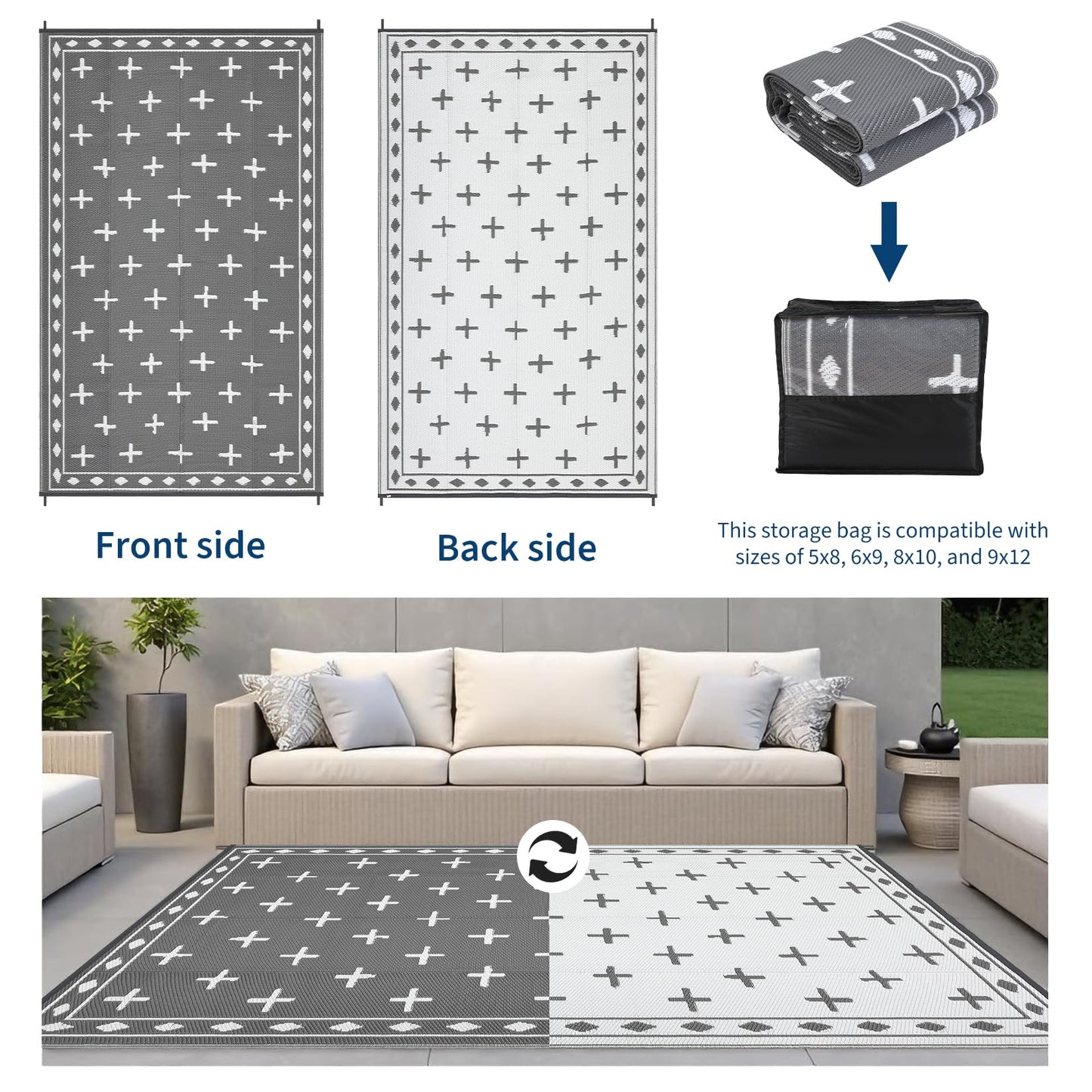 Garvee 8x10 Outdoor Rug, Reversible Waterproof Plastic Straw Patio Mat with Geometric Border Design, Camping & RV Floor Rug for Deck, Balcony, Backyard, Beach and Picnic,Grey