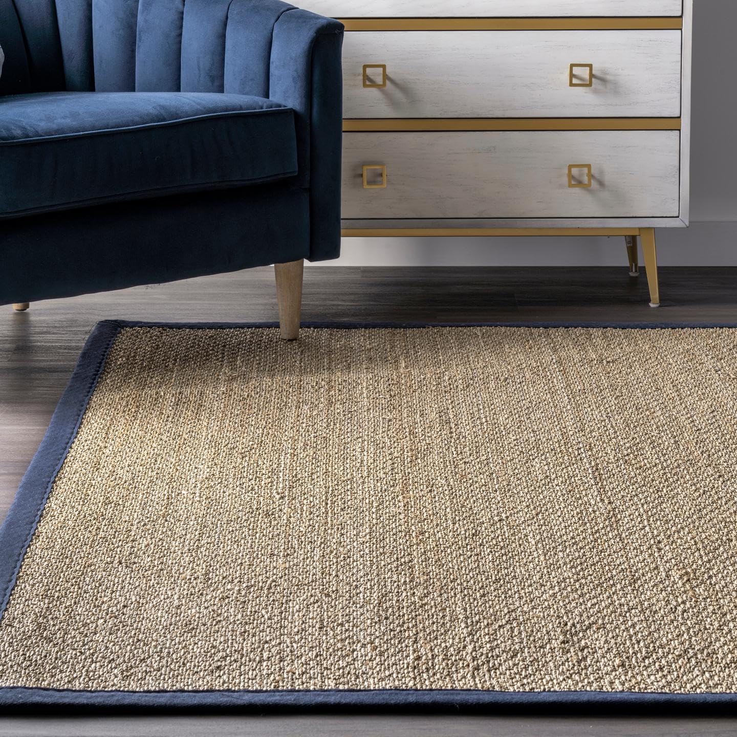Nuloom Elijah Navy/Natural, 4' x 6', Basketweave, Seagrass, Soft and Textured, High Traffic, Stain Resistant, Easy Clean, Durable Area Rug for Bedroom, Living Room, Dining, Den, Foyer, Entryway