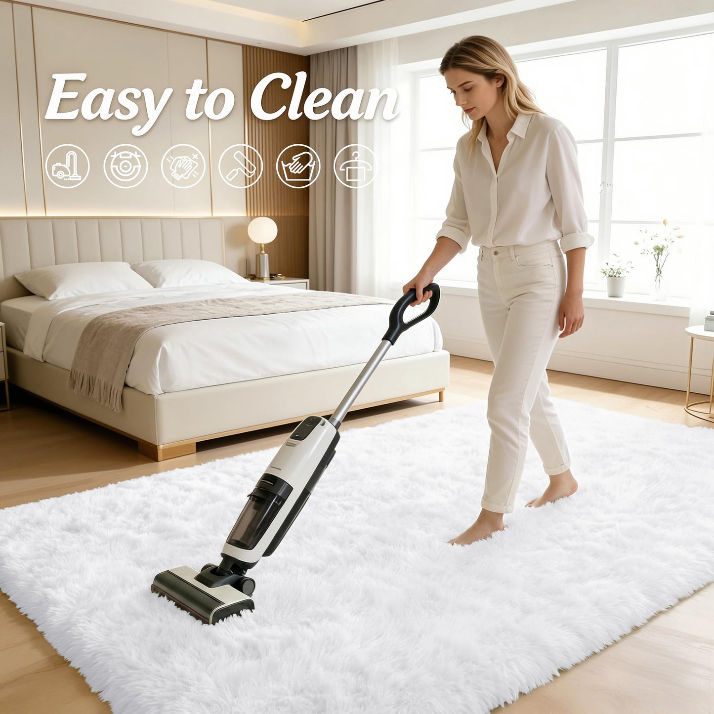 OLANLY 7x8 Machine Washable Large Area Rugs for Living Room, Bedroom, Soft Fluffy Shaggy Bedside Rug, Indoor Floor Carpet for Kids Girls and Boys, Dorms, Nursery, Home Decor Aesthetic, White