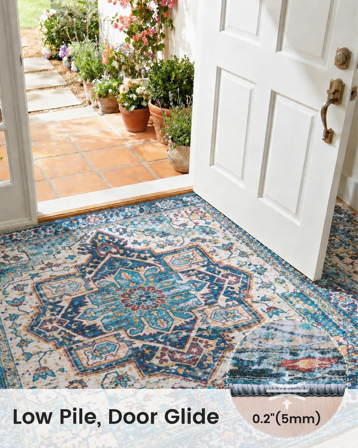 Mueinxiei Washable Vintage Area Rugs 9x12 Large Medallion Pattern Rugs, Non Slip Water Repellent Low Pile Carpet for Living Room Bedroom Dining Room Gemstone Blue