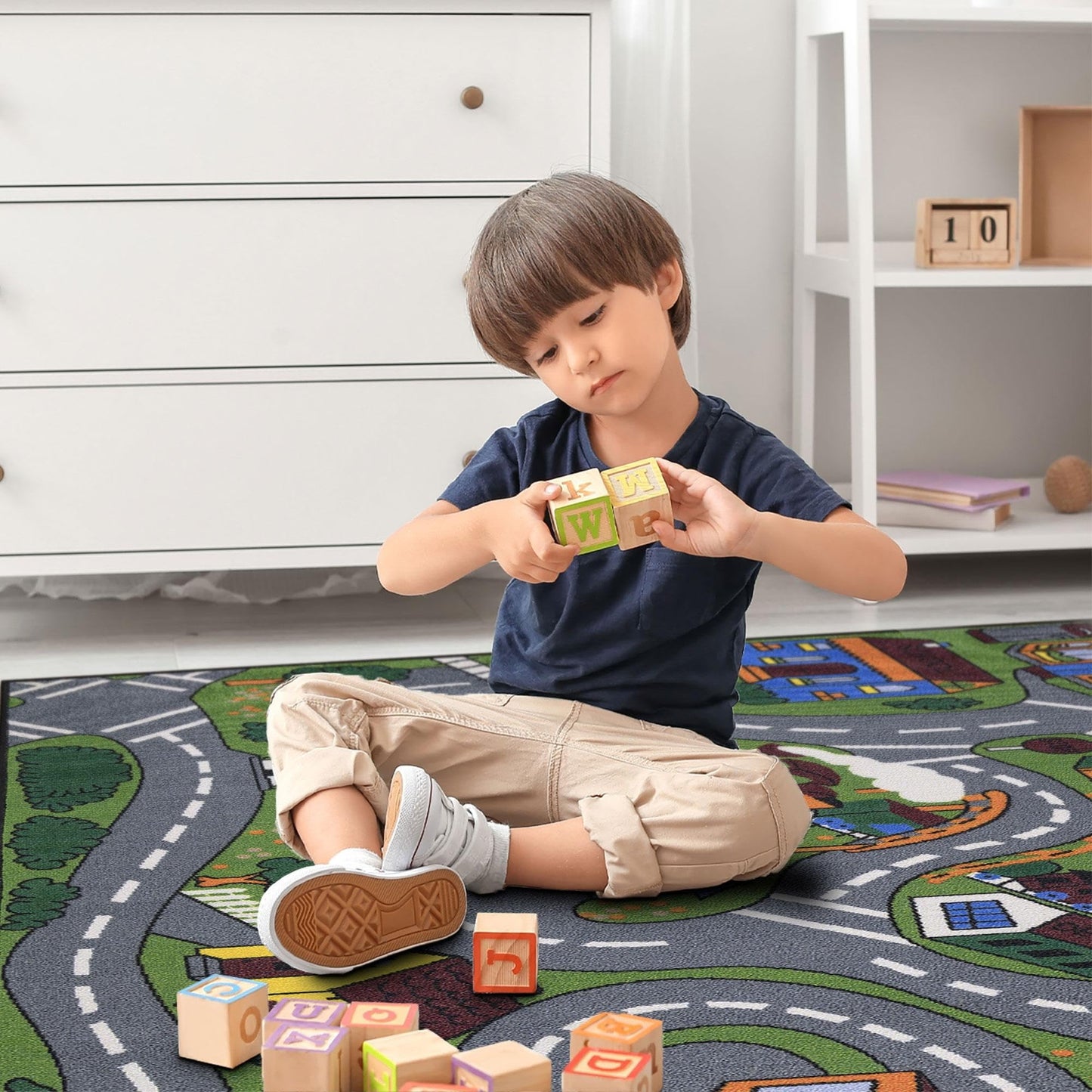 Ottomanson 5' x 6'6" Kids Road Map Rug - Interactive City Traffic Play Mat for Toy Cars - Perfect for Playroom, Bedroom, Daycare & Classroom - Durable & Non-Slip for High-Traffic Areas, Multicolor