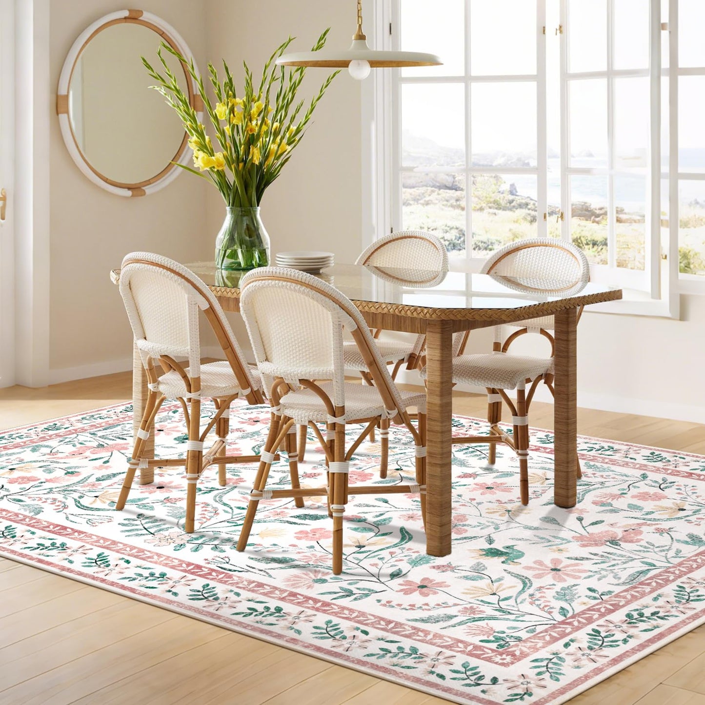 SHACOS Pink Floral Area Rugs 5x7 Nursery Rug, Machine Washable Boho Rugs for Bedroom, Non Slip Soft Floral Low-Pile Carpet for Living Room Kids Room Dining Room Entryway Indoor