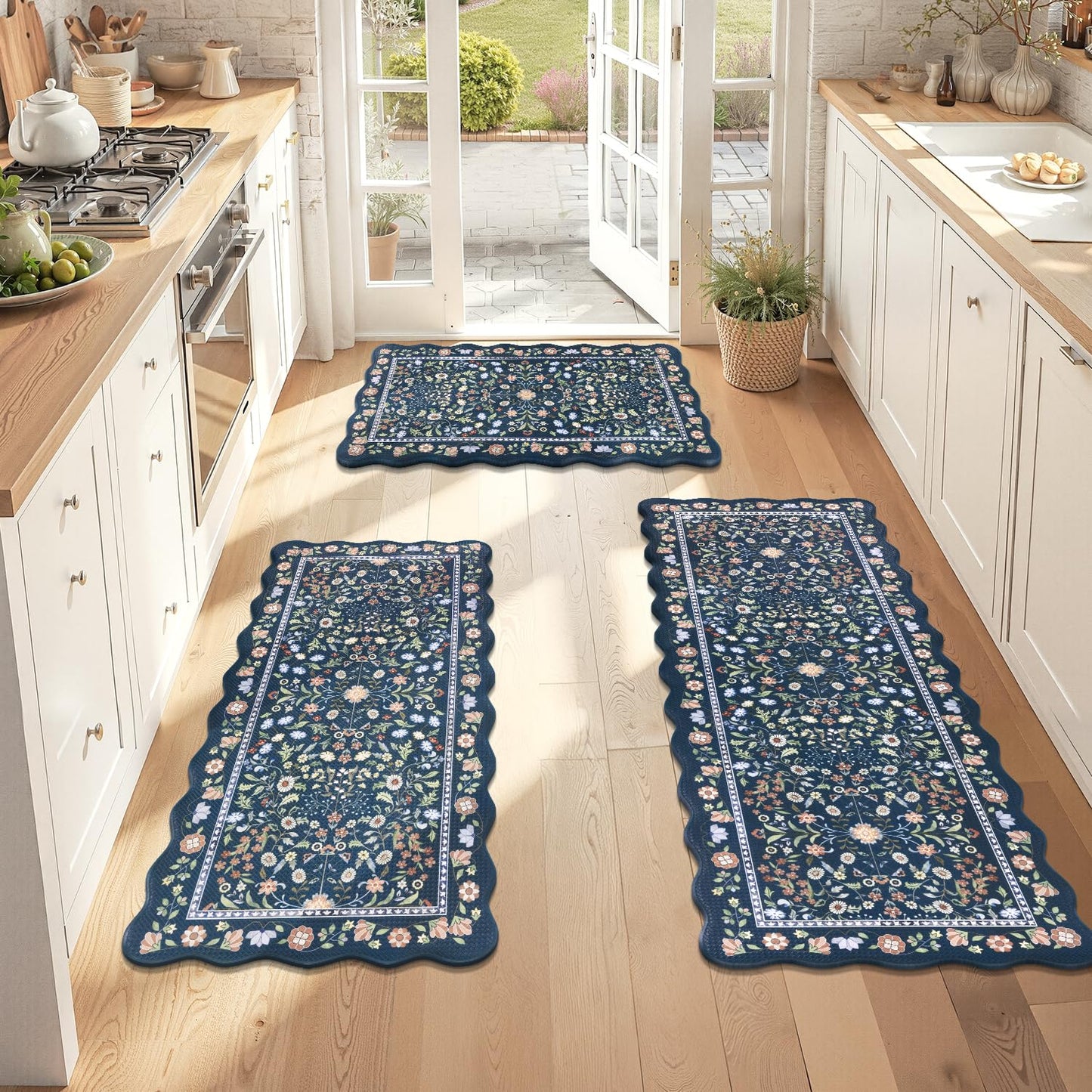 Yamaziot Anti Fatigue Kitchen Rugs Set of 3 - Boho Non Slip Waterproof Kitchen Mats for Floor, Boho Runner Rug for Kitchen Floor, Laundry, Desk, Bar, Office, 17.3"x29"+17.3"x35"+17.3"x47", Blue
