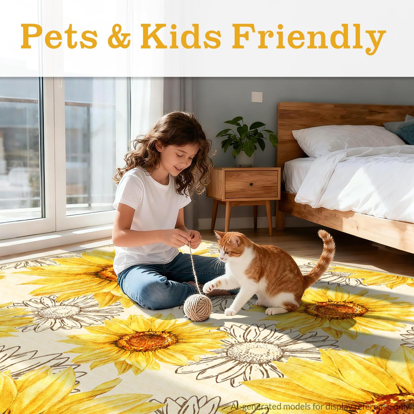 AooHHooA Sunflower Rug 5x7 Rustic Floral Rug with Non-Slip Backing Low Pile Washable Area Rugs for Living Room Bedroom Dining Room