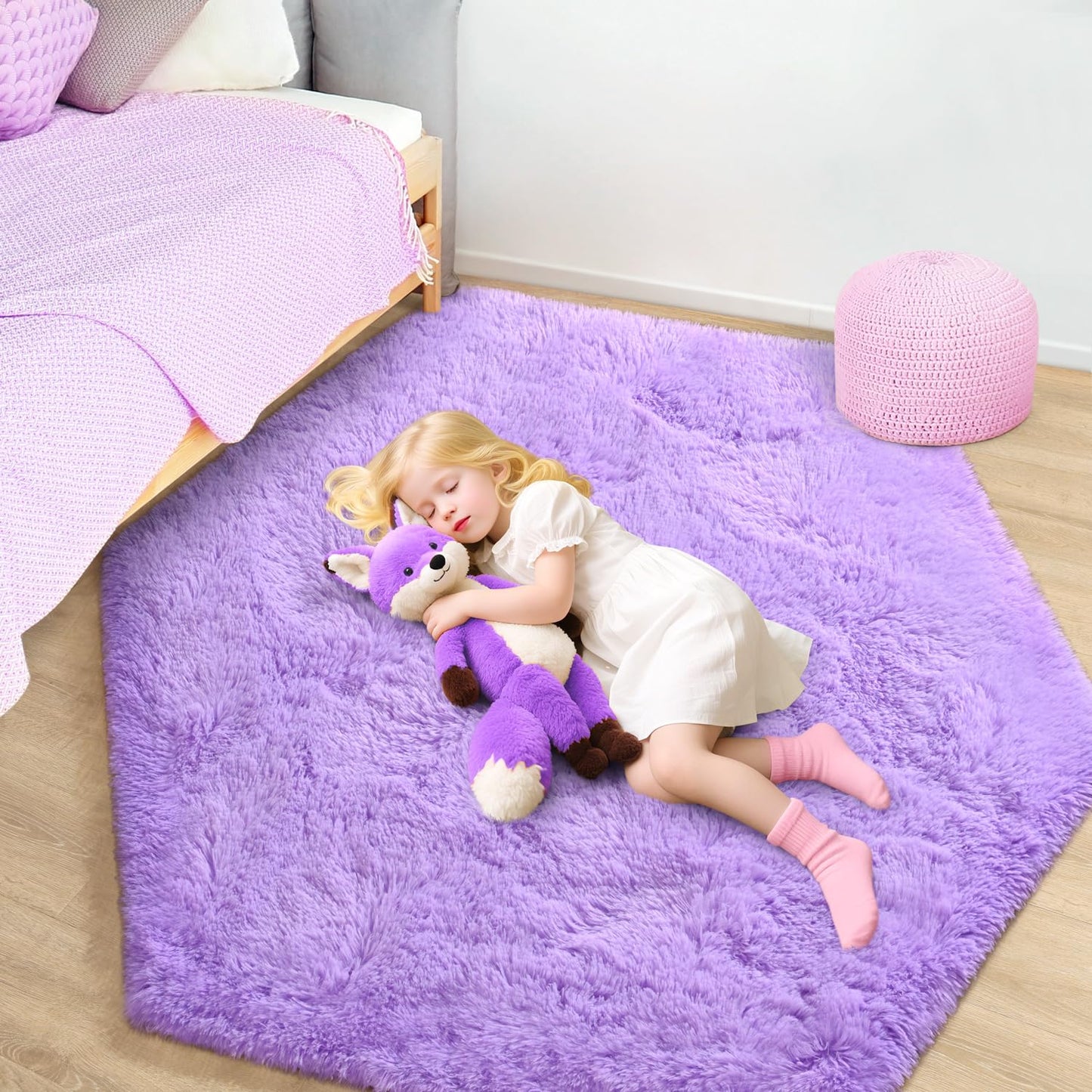 CUBNBUD Purple Hexagon Rug for Princess Tent, 4x4.6Ft Fluffy Area Rug for Girls Room, Shag Plush Soft Carpet for Play Tent, Cute Mat for Princess Room Decor