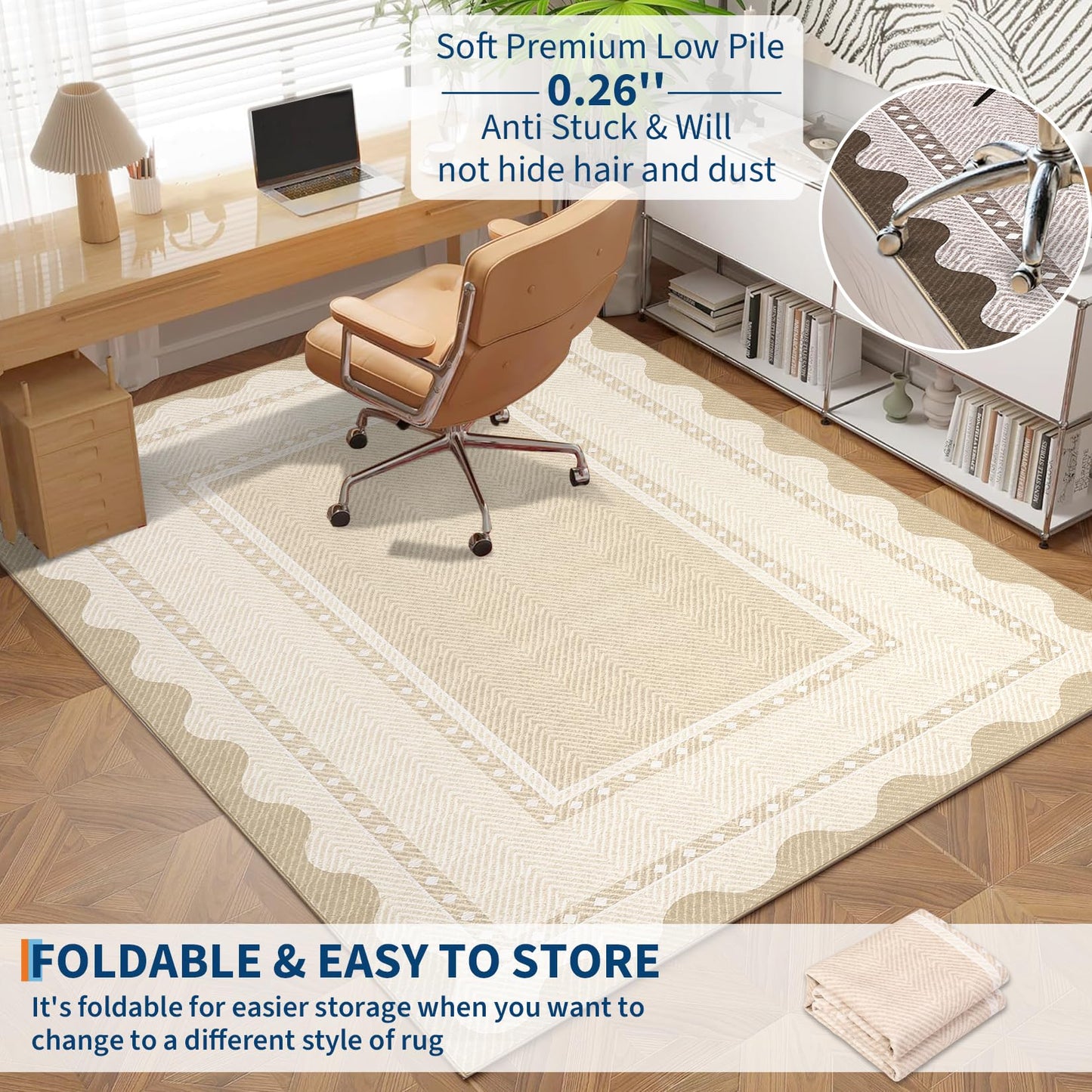 COZYLOOM Modern Living Room Rug 5x7 Rug for Entryway Indoor Machine Washable Area Rugs with Non Slip Backing, Non Shedding Stain Resistant Neutral Bordered Carpet for Office Nursery, Beige