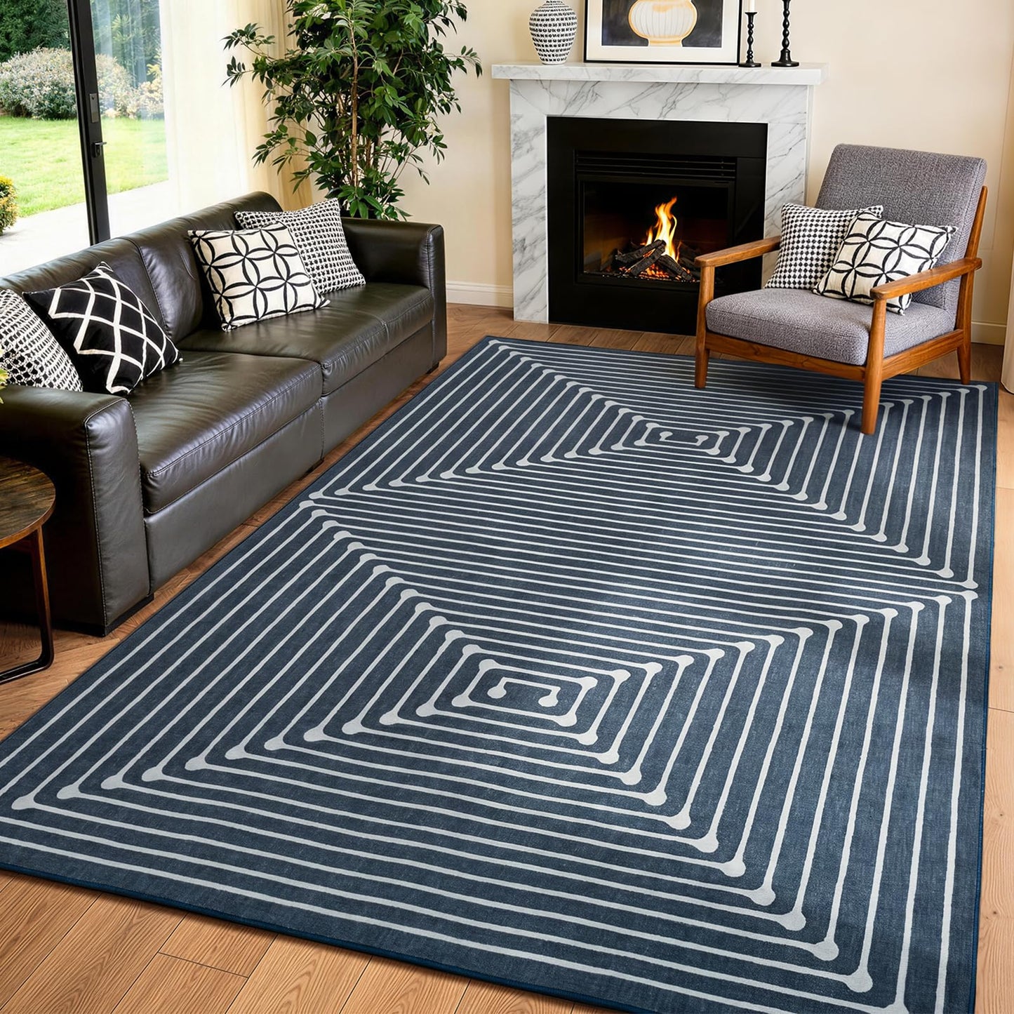 YIHOUSE Washable 5x7 Area Rugs for Living Room, Navy Blue Striped Rug for Bedroom Playroom Non Slip Low Pile, Soft Modern Geometric Carpet for Entryway Home Office Decor
