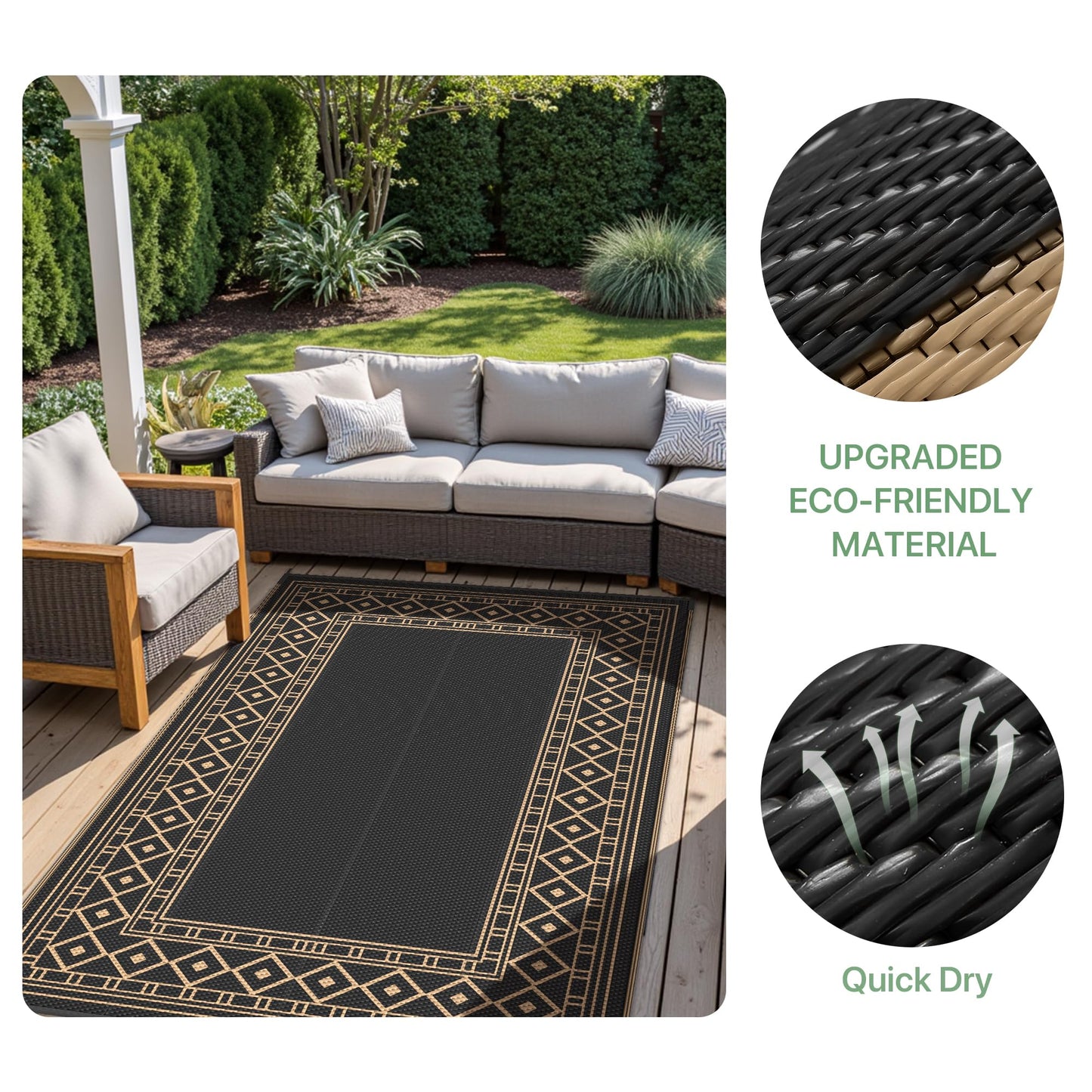 GENIMO Outdoor Rug Waterproof 6'x9' for Patio, Foldable Reversible Plastic Straw Carpet for Travel Trailers, Outside Area Mat for Rv, Deck, Picnic, Porch, Camper, Balcony, Beach, Black & Brown