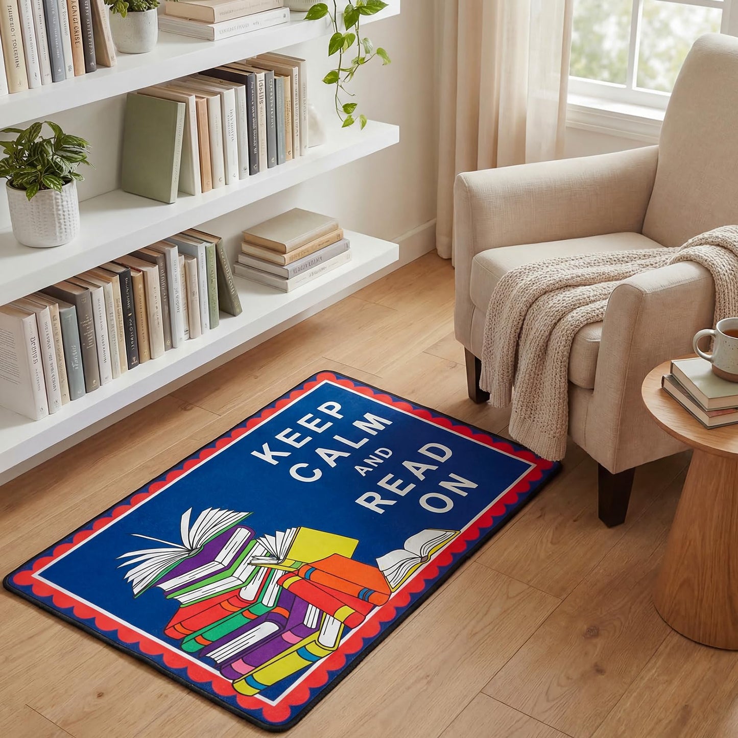 Dunzy Keep Calm and Read On Mat Classroom Calm Down Corner Rug 36" x 24" Non-Slip Carpets Black Rug for School Living Bedroom Playroom