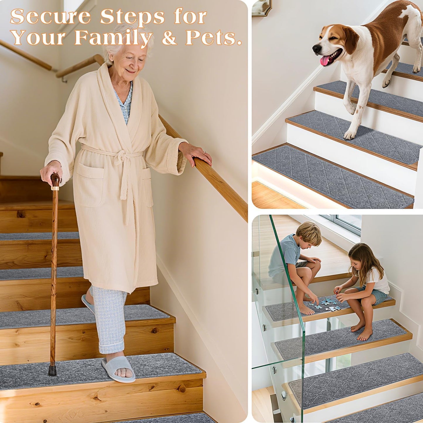 DailyCuddles Stair Treads for Wooden Steps 15 PCS - 8’’ x 30’’, Non Slip Stair Runner, Machine Washable Stair Rugs Strips for Kids Pets and Elderly, Indoor Carpet for Stairs (Grey)