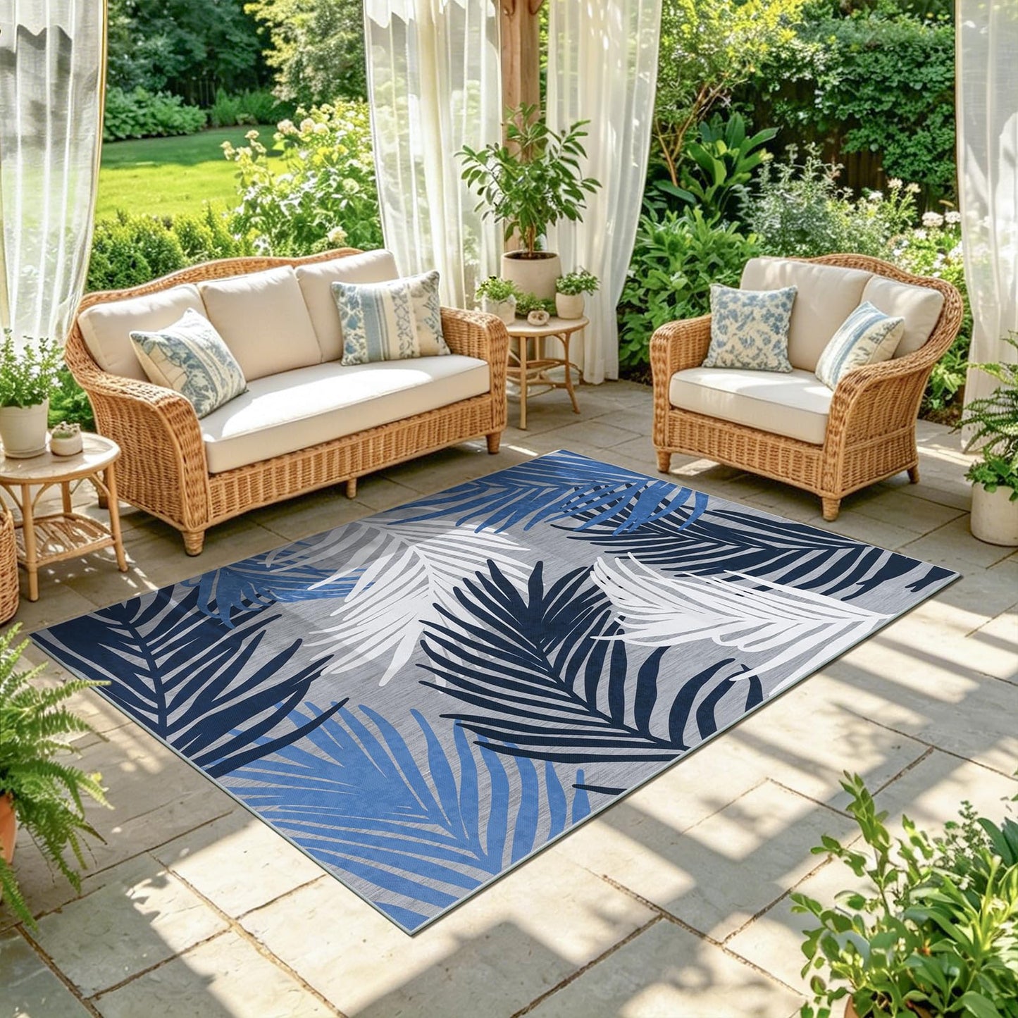 Pauwer Indoor Outdoor Area Rugs 5x7, Washbale Outdoor Patio Rug, Blue White