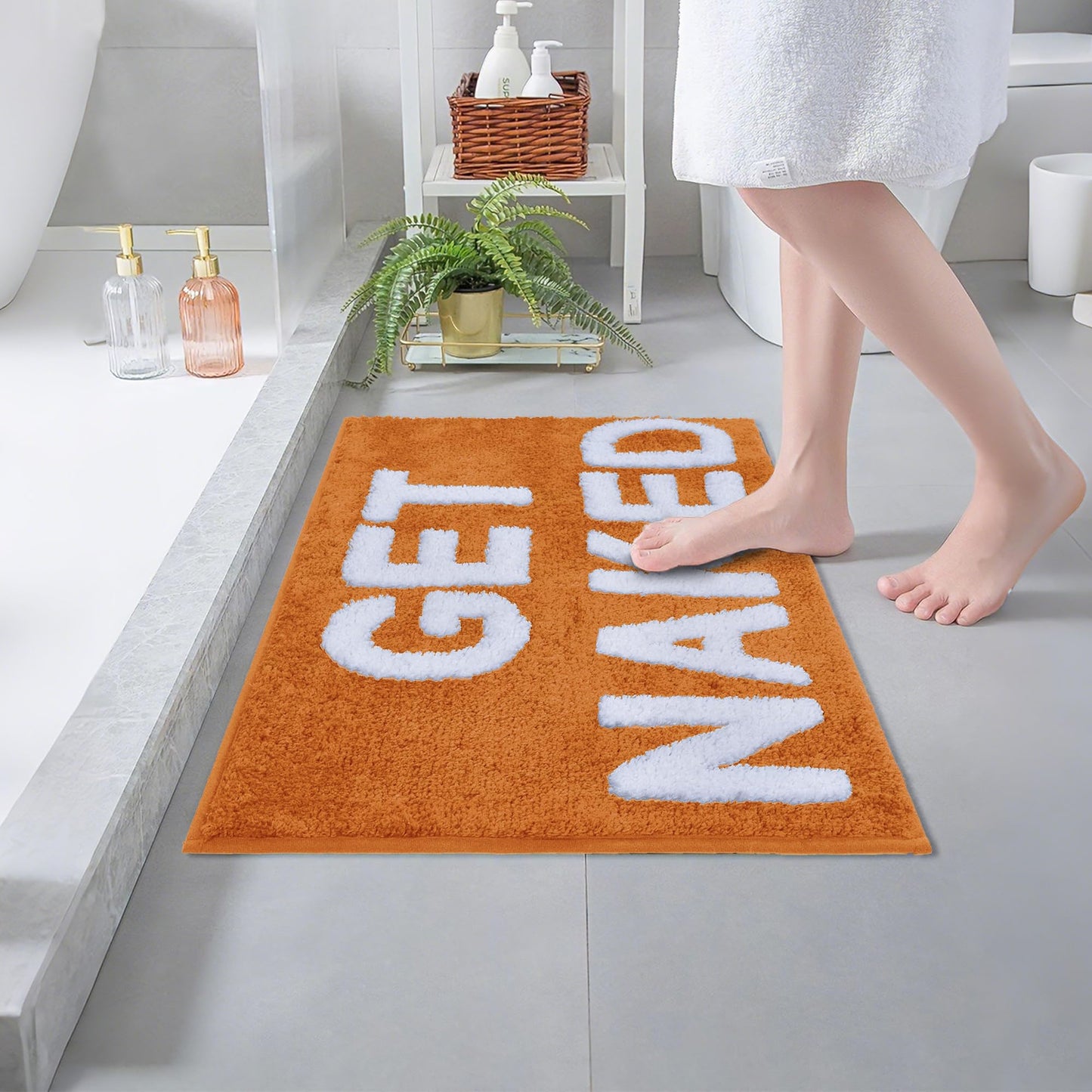 Zeeinx Get Naked Bath Mat Cute Bathroom Rugs Non Slip Microfiber Bath Rugs Funny AutumnBathroom Decor Machine Washable Orange Bath mat for Tub and Shower,16”x24”
