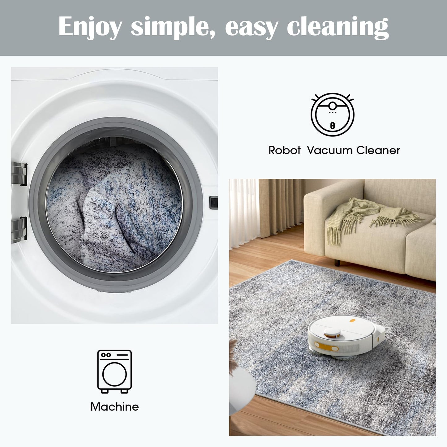 Washable Abstract 5x7 Area Rug: Low Pile and Non-Slip Rubber Backing Modern Large Soft Stain-Resistant Carpet for Living Room Bedroom Dining Room Kitchen and Home Office Blue Grey