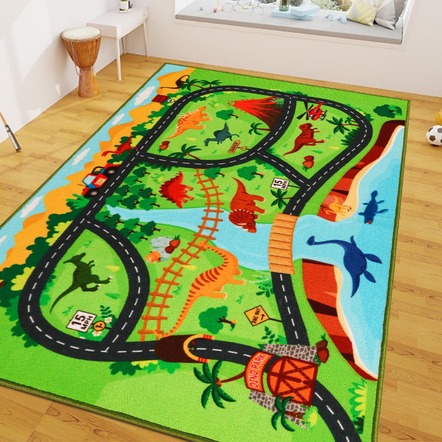 Kids Car Rug,6'7" x 9'10" Dinosaur Car Carpet for Kids Toy Cars,Non Slip Dino Safari Road Map Kid Rug for Playroom Bedroom Boys,Kids Play Mat Road Rugs,Track Rug Car Play Carpet for Kid