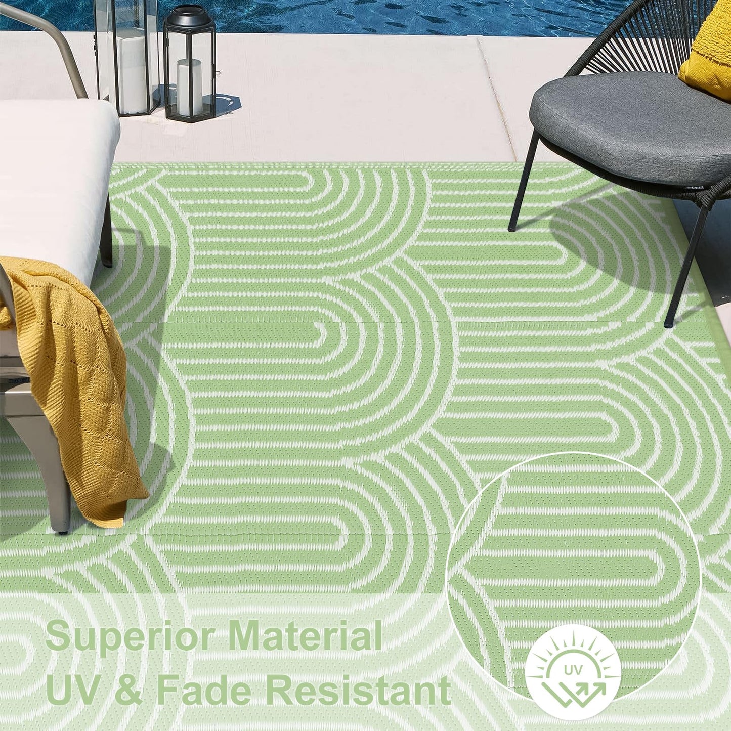 Lahome Deck Rugs Outdoor Waterproof 6x9 Patio Outside Rug, Plastic Straw Reversible Rv Mat,Large Portable Porch Camping Carpet for Balcony Tent (Rainbow Green, 6'x9')