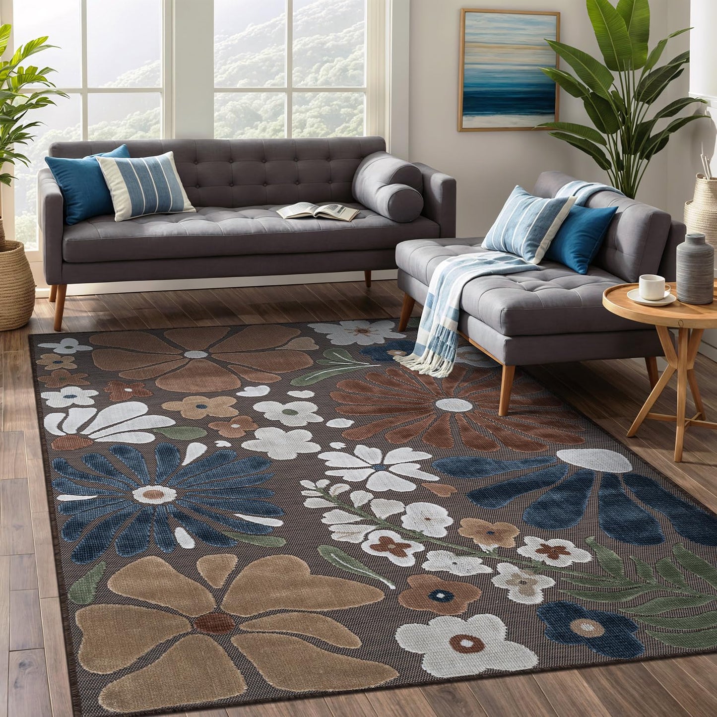 Beverly Rug Outdoor Rug 8x10 Modern Floral Tropical Area Rugs for Outdoor and Indoor Patio Easy to Clean Non Shedding Living Room Porch Garden Washable Outside Carpet (8 x 10 Brown)
