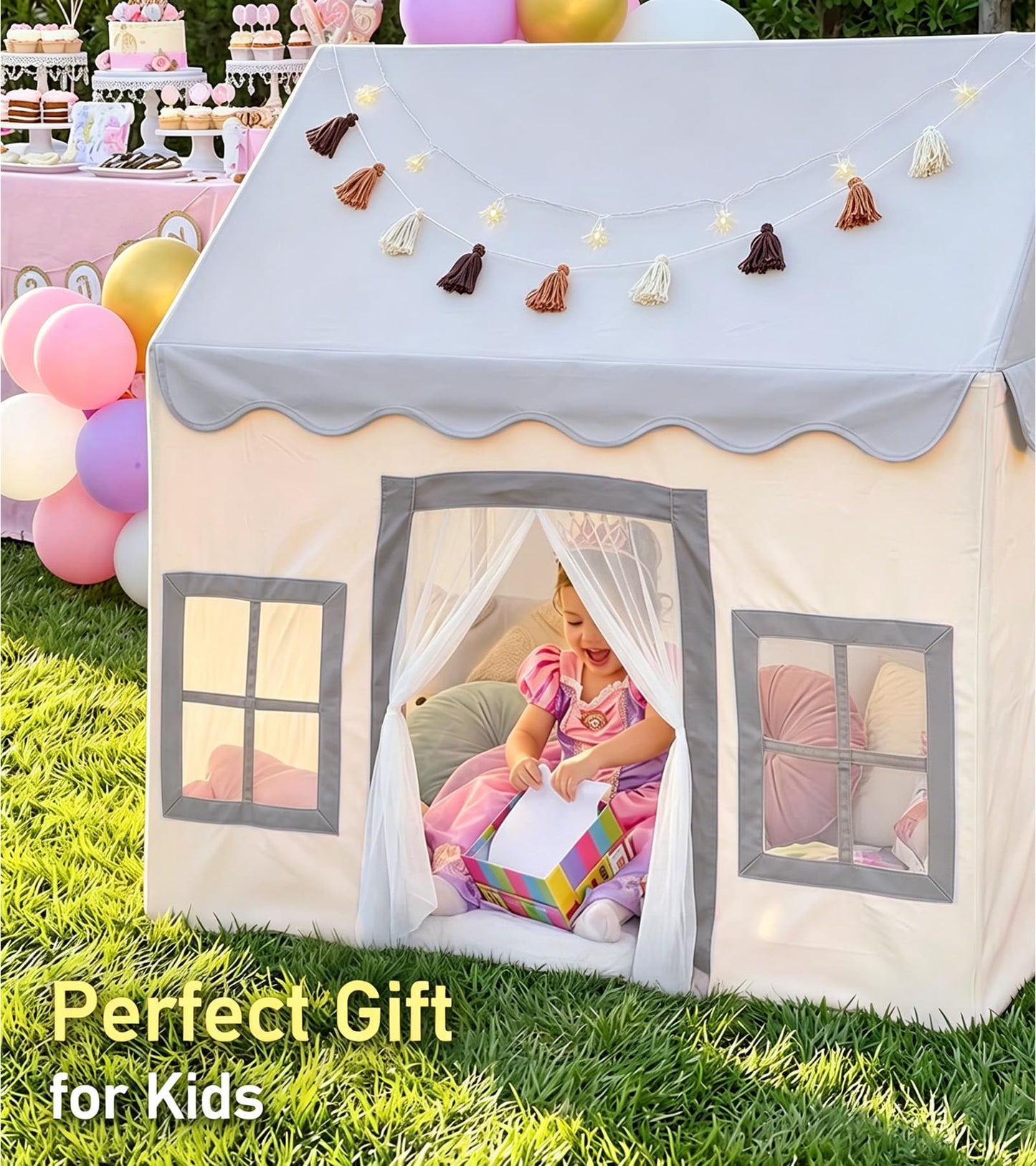 Large Kids Tent with Mat, Star Lights, Tissue Garland, Play Tents for Indoor & Outdoor Use, Kids Play Tent for Girl & Boy Aged 3+, 52" x 35" x 52" Playhouse with Windows, Washable, Grey