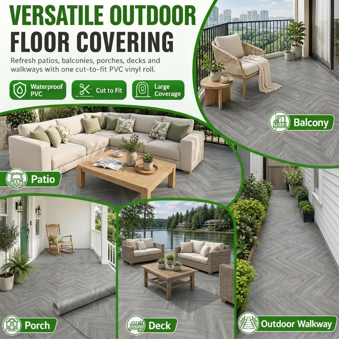 Klyyo Clyro Outdoor Flooring Roll, 3.28' x 32.8' 107.6 sq ft Waterproof PVC Vinyl Deck Covering, Gray Wood Grain, UV Resistant Floor Mat with Installation Tape for Balcony Patio Porch Concrete