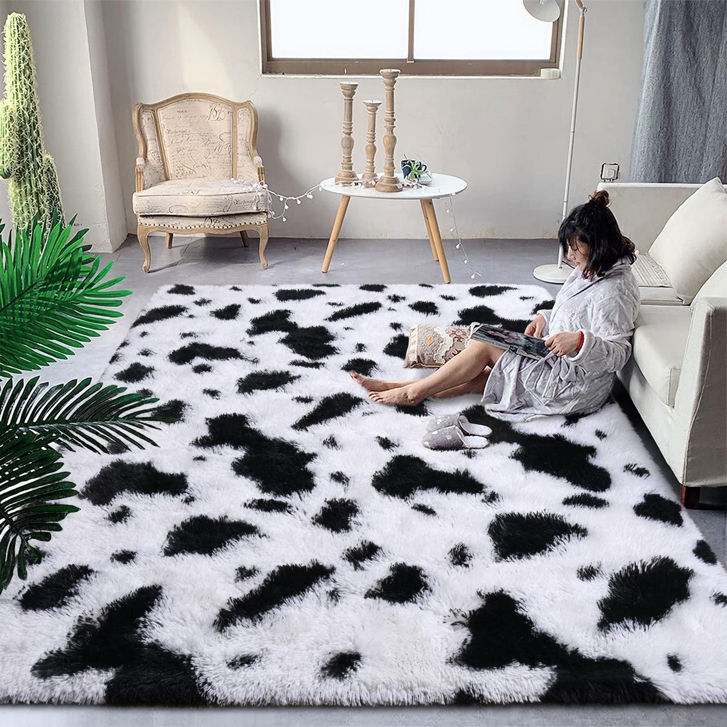 DweIke Fluffy Black White Rugs for Bedroom Living Room, 4x6 Feet Soft Plush Shaggy Cow Hide Print Girls Boys Kids Rug, Non-Slip and Machine Washable Carpet for Dorm Nursery Classroom Decor