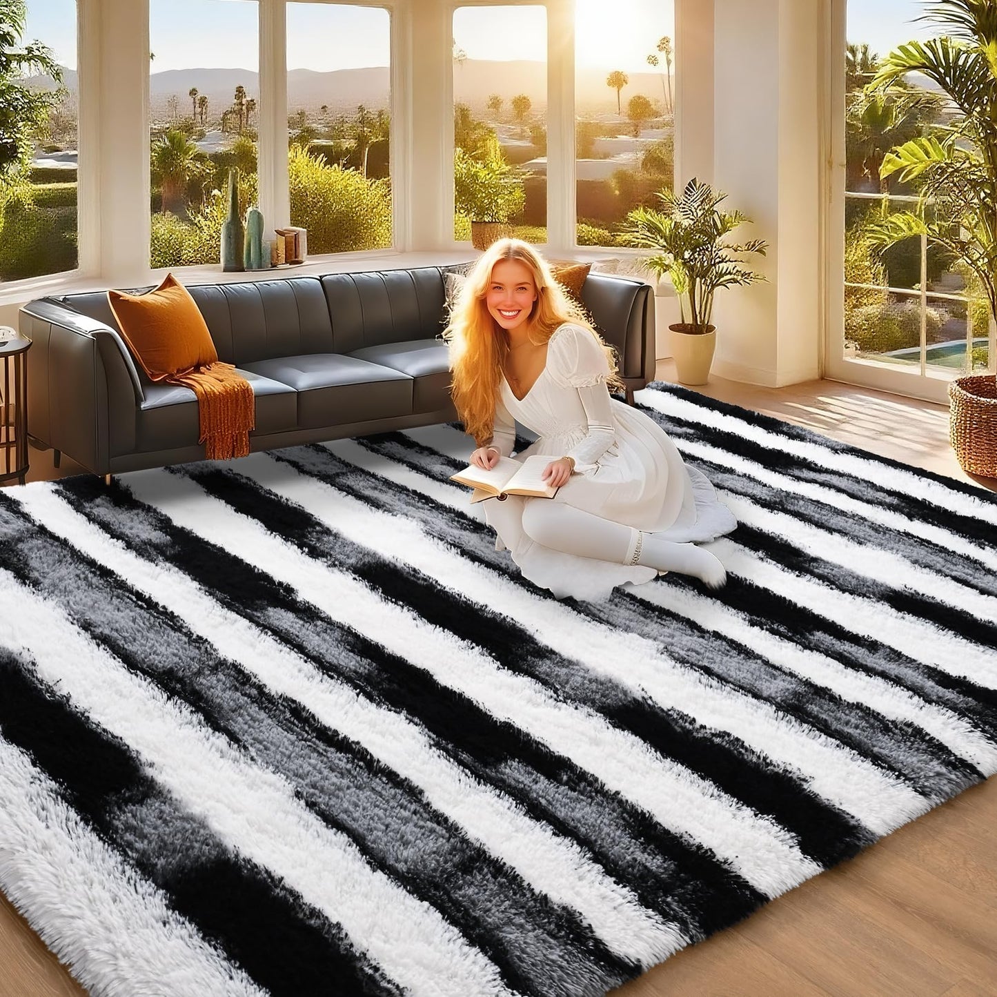 Woottpe Black and White Rugs for Living Room Bedroom, 4x6 Fluffy Soft Plush Area Rugs with Non-Slip Backing, Modern Striped Shag Fuzzy Carpets for Kids Playroom Nursery Dorms Home Decor