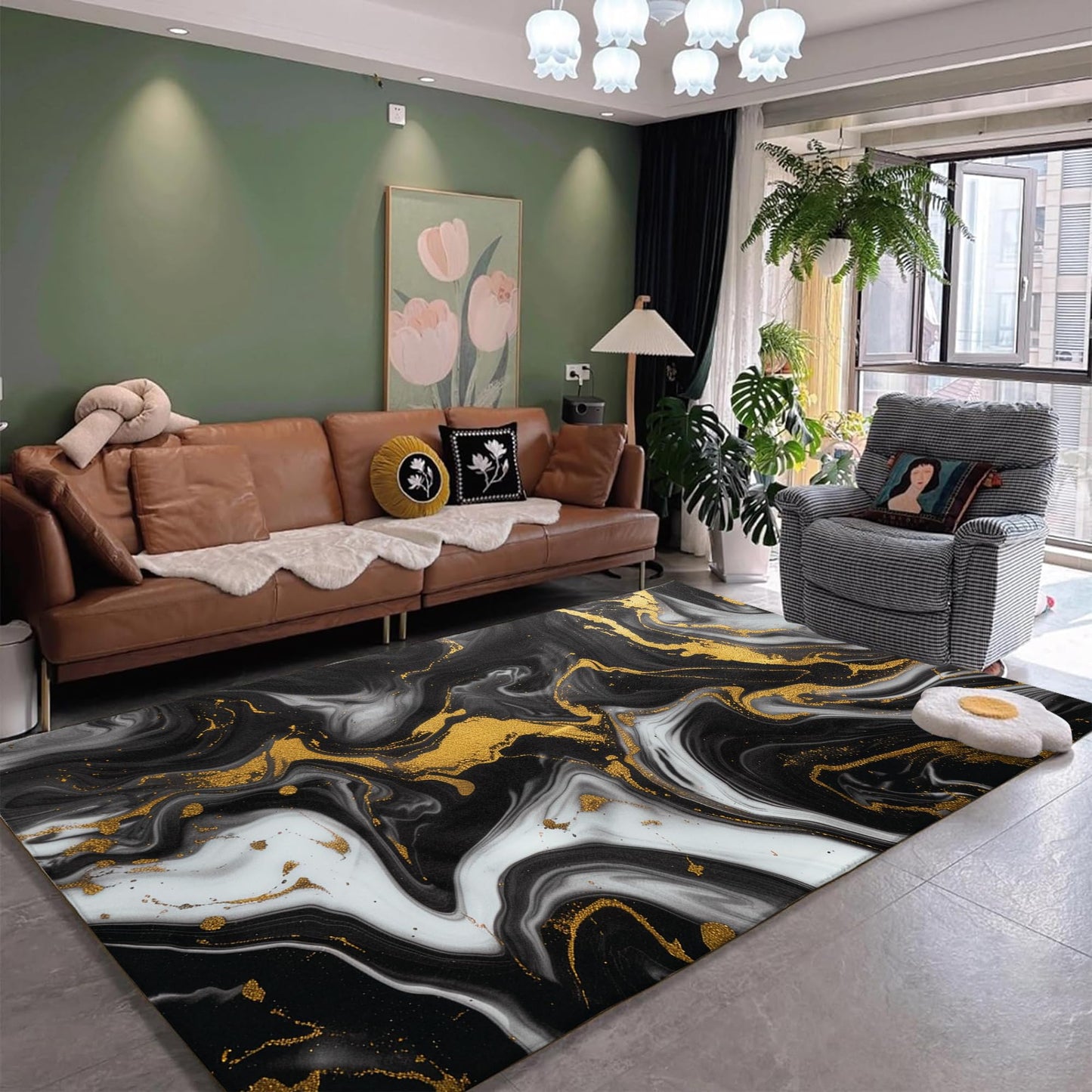 EDGZKO Black and Gold Area Rug: 6x9 Feet Abstract Black Marble Rugs for Living Room Washable Non Slip Floor Carpet Aesthetic Doormat for Dining Room Bedroom Kitchen Dorm Office