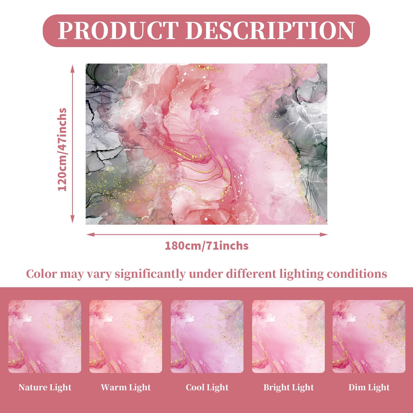 VTKON Pink Grey Marble Rug for Bedroom Marbled Texture Area Rug Tie-Dye Pink Gold Floor Mat for Living Room Dining Room Modern Carpet for Girls Women Room Decor, 4'x6'