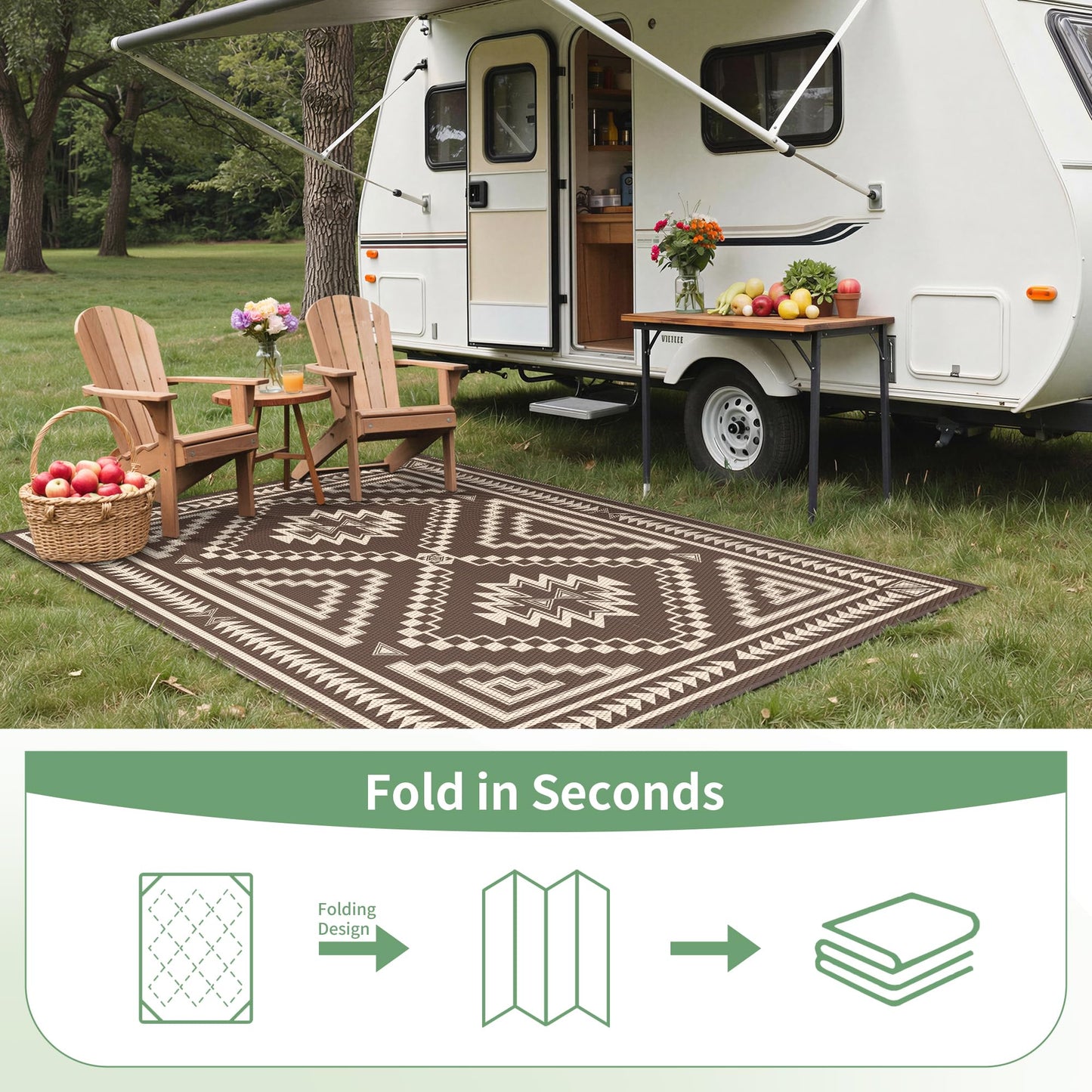 GENIMO Outdoor Rug for Patio Clearance - 9x12 ft Waterproof Plastic Camping Rugs, Reversible Outside Rv Mat Carpet for Porch, Deck, Picnic, Balcony, Beach, Backyard, Coffee Beige