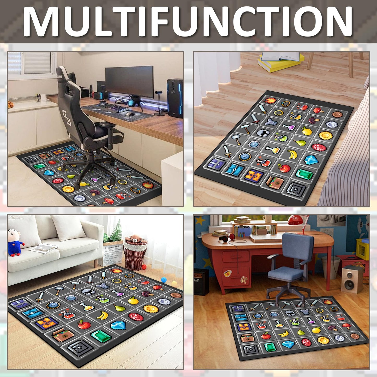DRVAKO Game Rug Teen Boys Carpet with Pixel Games Element Items Decoration Mat, Weapon Medical Game Rugs for Boy’s Bedroom Living Room Playroom, Non-Slip Children Gaming Area Rugs (Grey, 60" x 40")