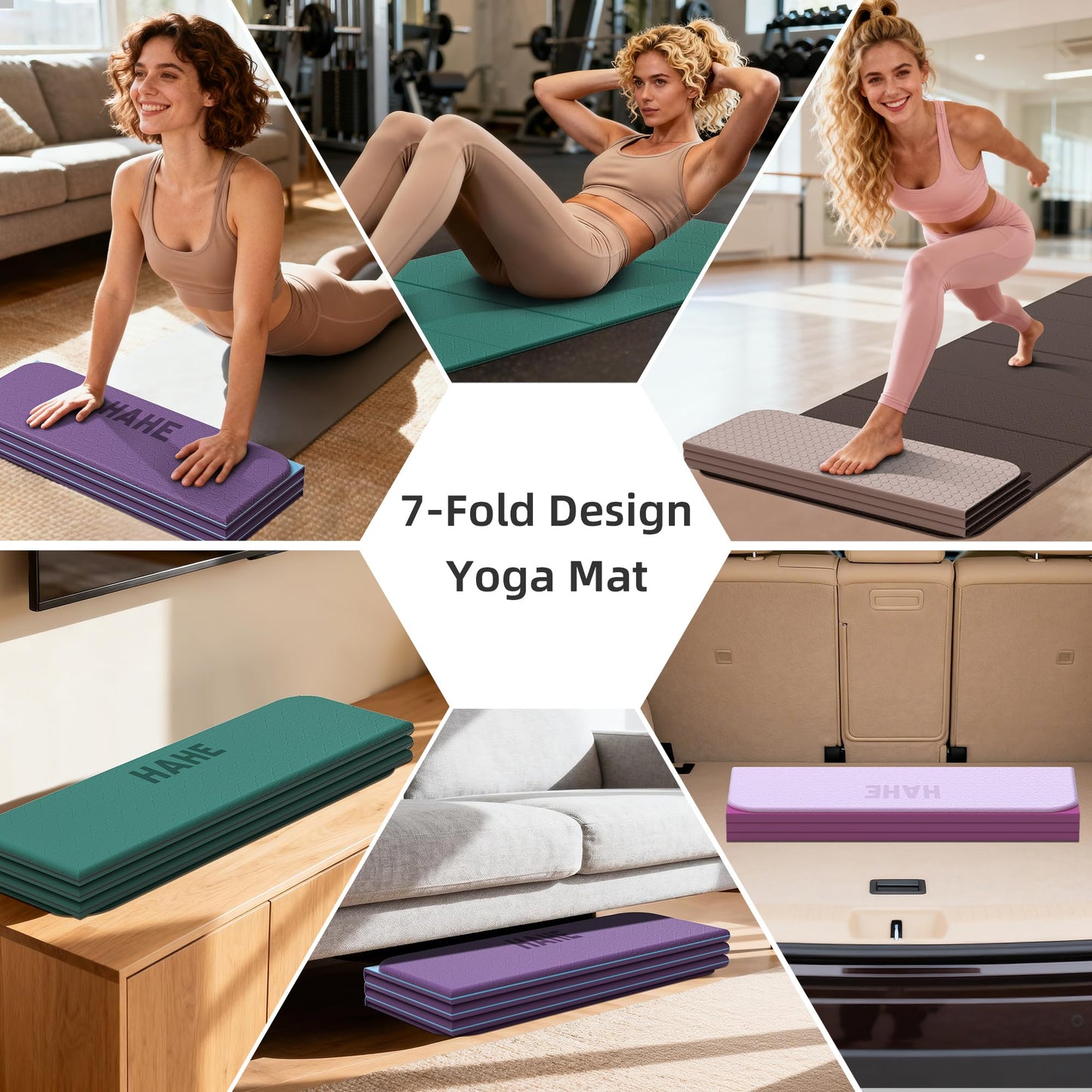 HAHE 7-Fold Design Extra Thick Yoga Mat 72"L x 24"W x 0.47",TPE Fitness Exercise Mats, Non-Slip Foldable Yoga Mat, High Density, Portable for Men & Women, Yoga, Pilates, Home Gym (Brown & Beige)