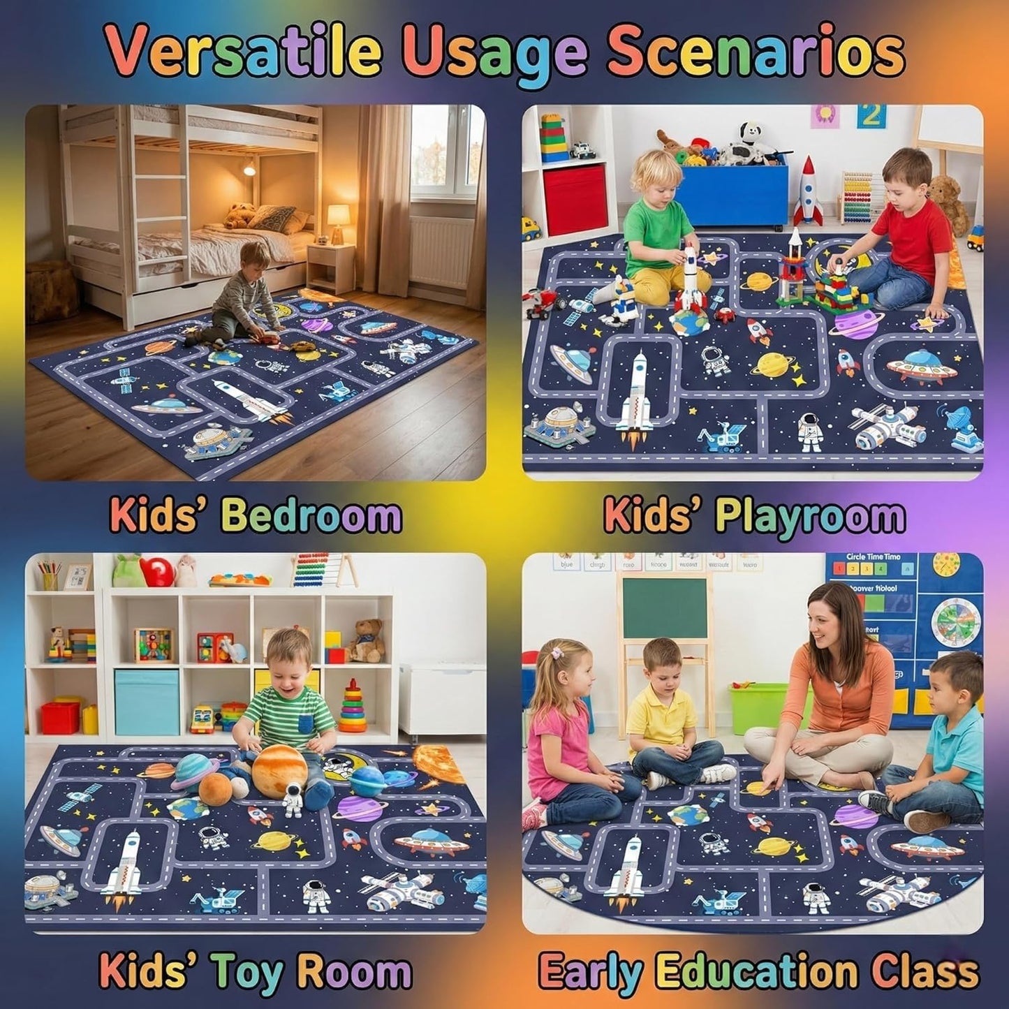 FTBNIQWRHN Outer Space Rug for Boys Room 2.5x4 Feet, Non-Slip Kids Rug with Roads and Tracks, Solar System Planet Play Mat, Galaxy Area Rugs for Bedroom, Playroom, Educational Floor Carpet
