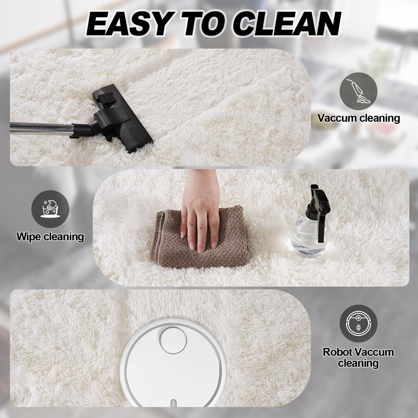 Cream White Plush Rug for Living Room Fuzzy Carpet for Bedroom Dorm, Non-Slip High Pile Rug, Shag Rug for Playroom Nursery Home Office Decor 8X10 Ft