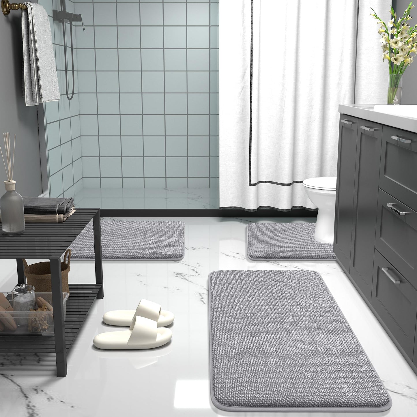 OLANLY Thick Memory Foam Bath Mat Rug 30x20, Extra Soft Absorbent Bathroom Rugs, Quick Dry Bath Mats, Non-Slip, Machine Washable Carpet for Bathroom, Tub and Shower, Home Decor Accessories, Grey