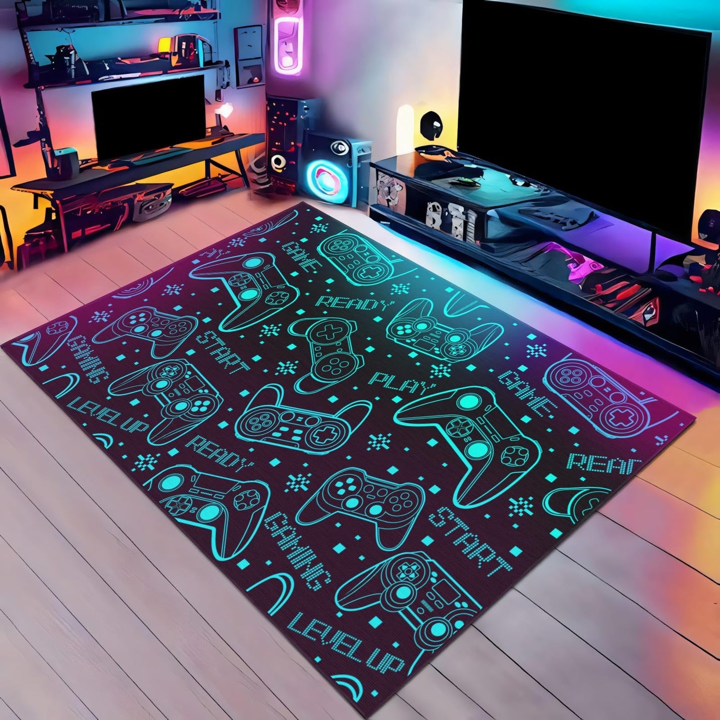 Auetwyona 4x6 Gaming Rug for Boys Room - 3D Printed Games Theme Fluorescent Green Gamer Area Rug for Livingroom Teen Boy Gamer Room Rug Decor Video Game Area Carpet for Bedroom,Game Room