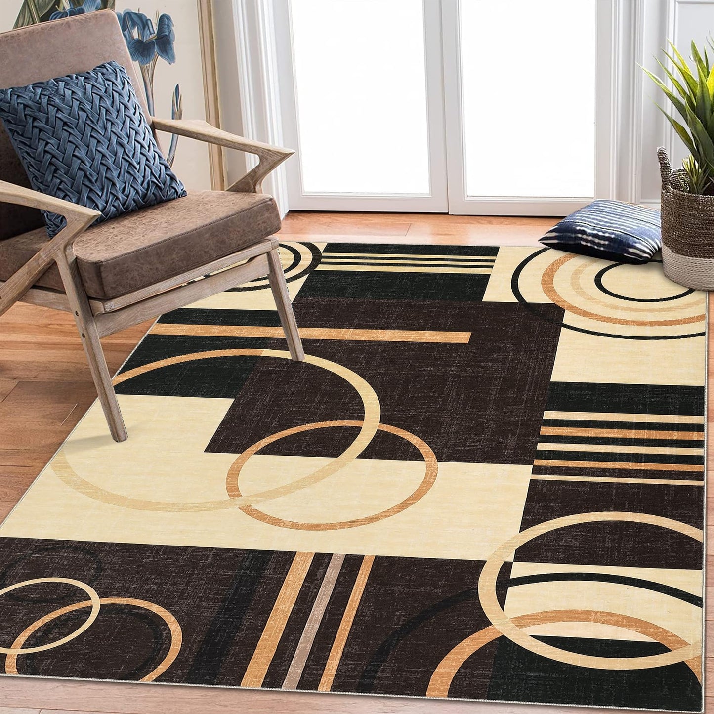 RUGSREAL Washable Rug 5x7 Abstract Circles Area Rugs Non Slip Floor Carpet Contemporary Soft Rug Low Pile Accent Rugs for Indoor Living Dining Room, Brown