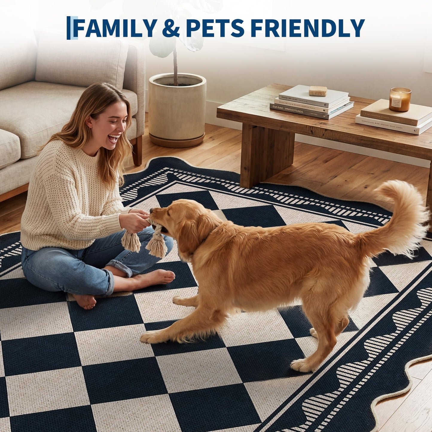 Garvee Easy Jute 2x6 Scalloped Border Kitchen Rugs Non Slip Indoor Outdoor Washable Rugs for Living Room Low Pile Floor Cover for Entryway Stain Resistant Indoor Carpet for Hallway,Black/White