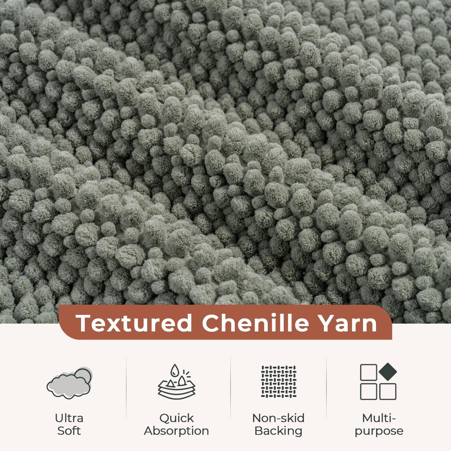FRESHMINT Chenille Bathroom Rugs Set - 2 Piece 17"x24" + 20"x47", Non-Slip Bath Mats, Water Absorbent, Washable Shower Floor Mat, Sage Green