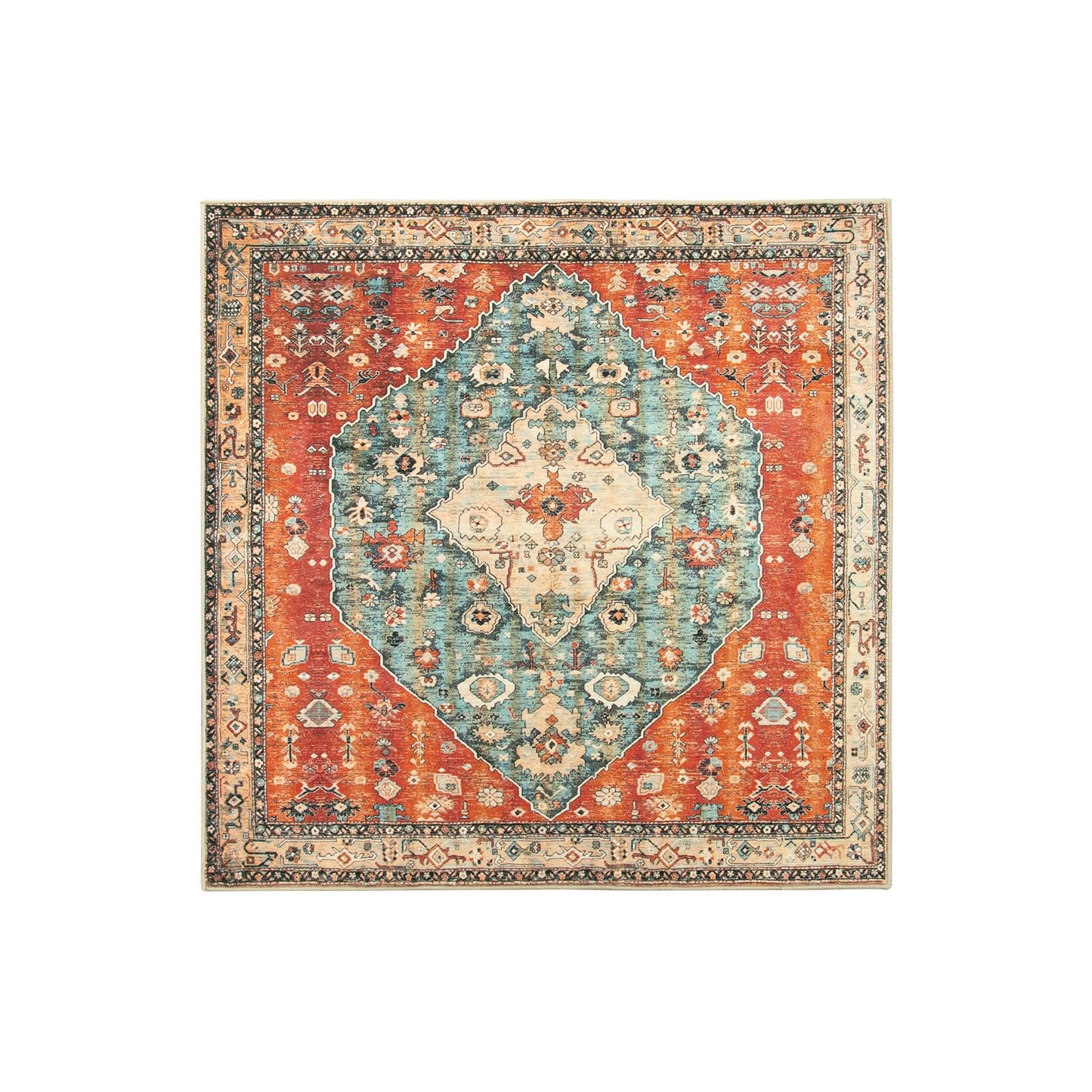 Lahome Felice Boho Tribal Square 4x4 Washable Rug, Soft Living Room Kitchen Entry Rugs with Rubber Backing, Oriental Non-Slip Indoor Throw Bedroom Carpet for Nursery Office (Rust/Dull Teal,4x4ft)