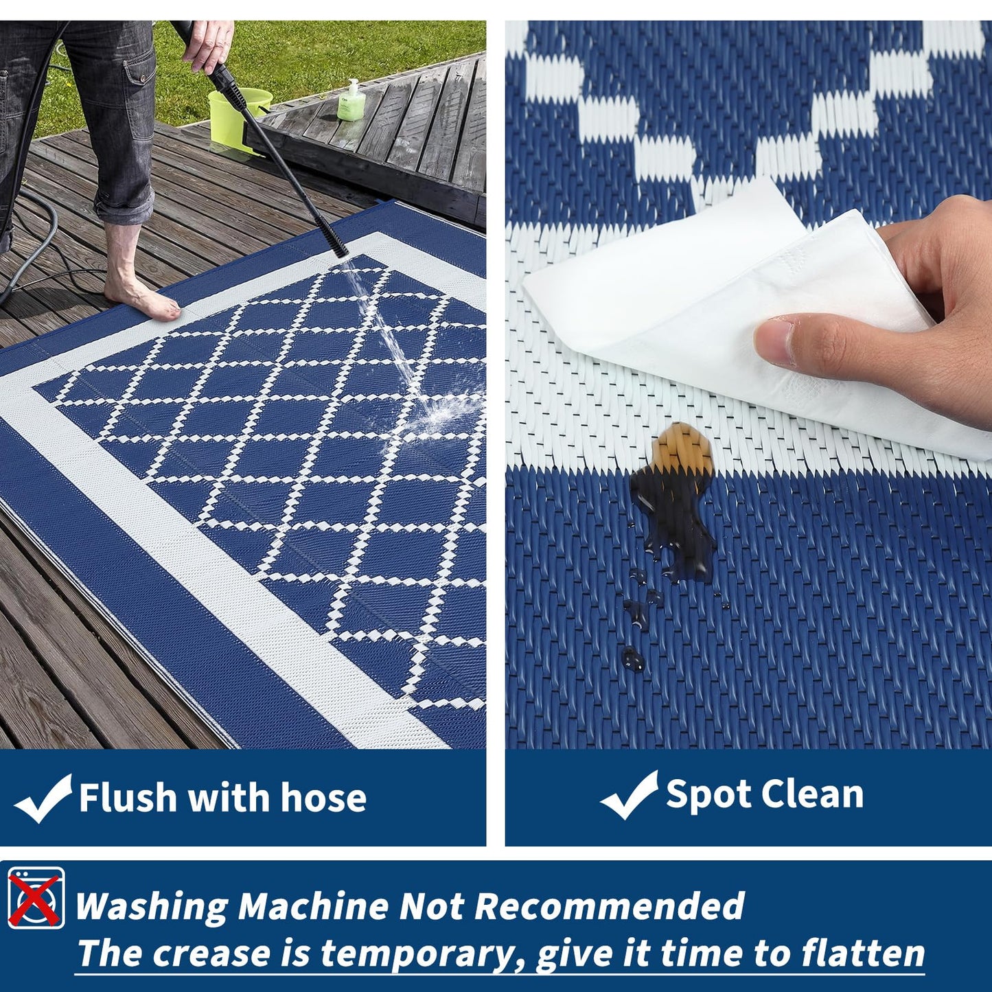 COZYLOOM Outdoor Patio Rug 9x18 Waterproof Reversible Plastic Straw Mat, Large Indoor Outdoor Rugs Modern Area Rug for Deck, Balcony, Pool, Camping, Beach, Picnic, Porch, RV, Navy&White