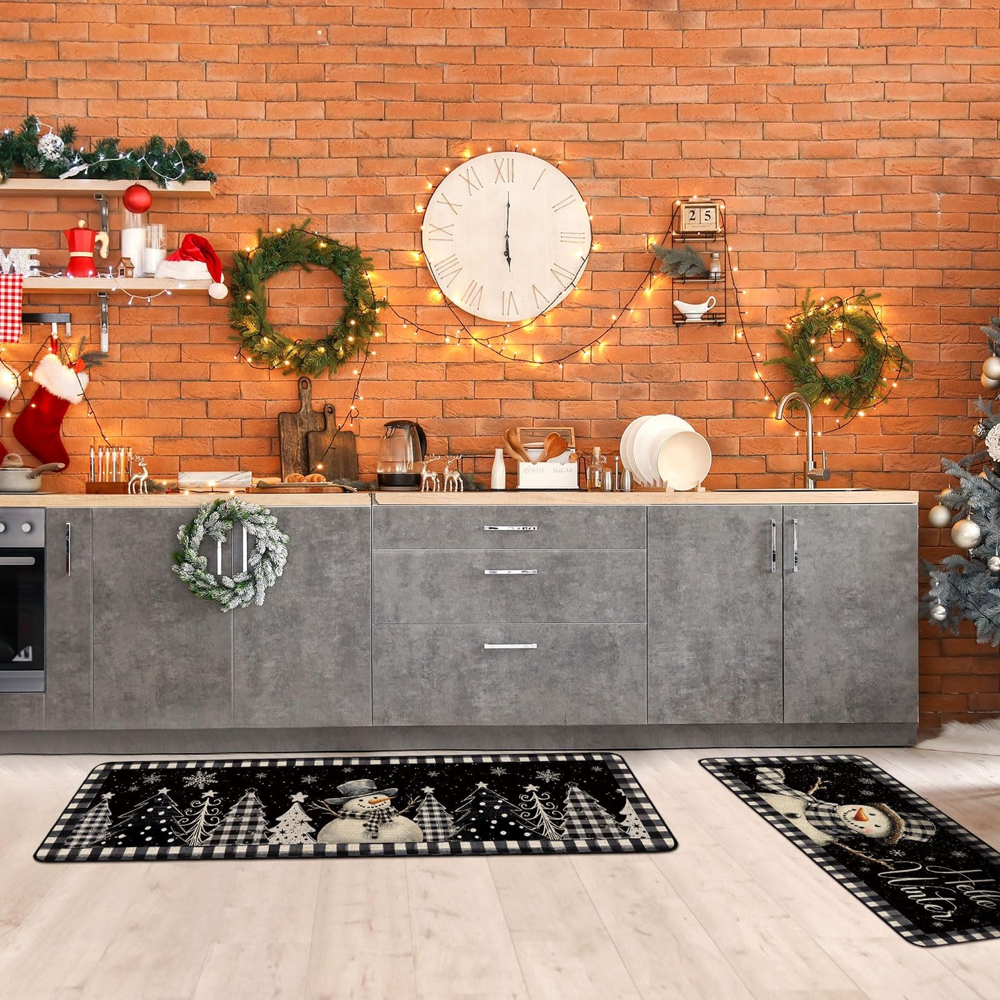 Drydiet 3 Pcs Winter Kitchen Rugs Non Slip Winter Floor Mat Snowman Kitchen Floor Hallway Laundry Sink and Bathroom, 20"x32" 20"x47", 20"x59"