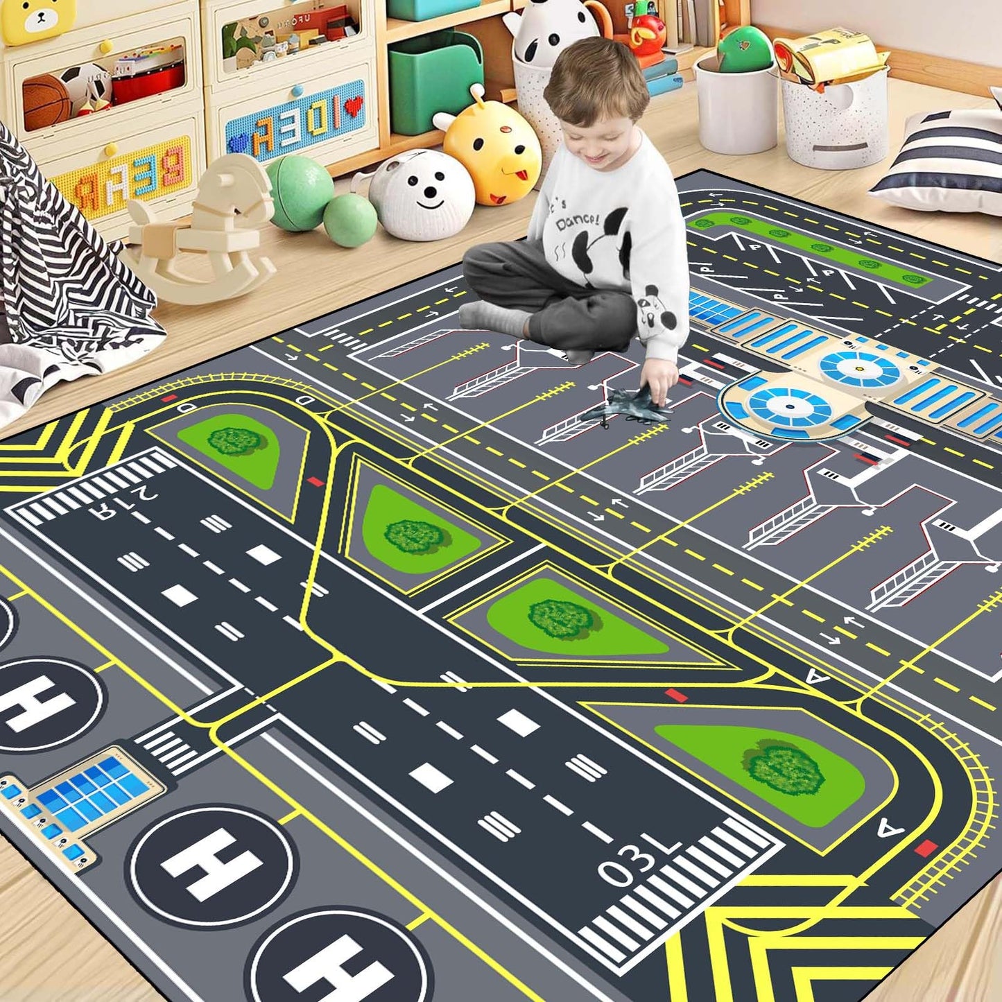 Xyrjova Play Rug for Kids Playroom 31''x47'' Airport Playmat Airplane Rug Airport Carpet with City Road Traffic System and Aircraft Runway,Non-Slip Washable Classroom Rugs Car Rugs Airports Mat