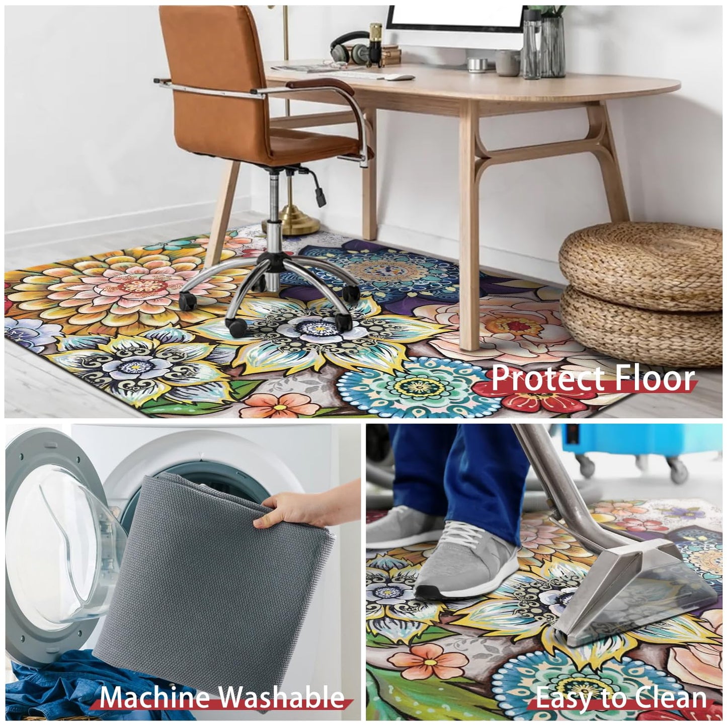 Office Chair Mat for Hardwood & Tile Floor,Boho Floral 36"x48" Computer Chair Mat for Rolling Chairs Carpet,Under Desk Non Slip Gaming Rug,Low-Pile Rubber Backing Large Protector Mat(Mandala)
