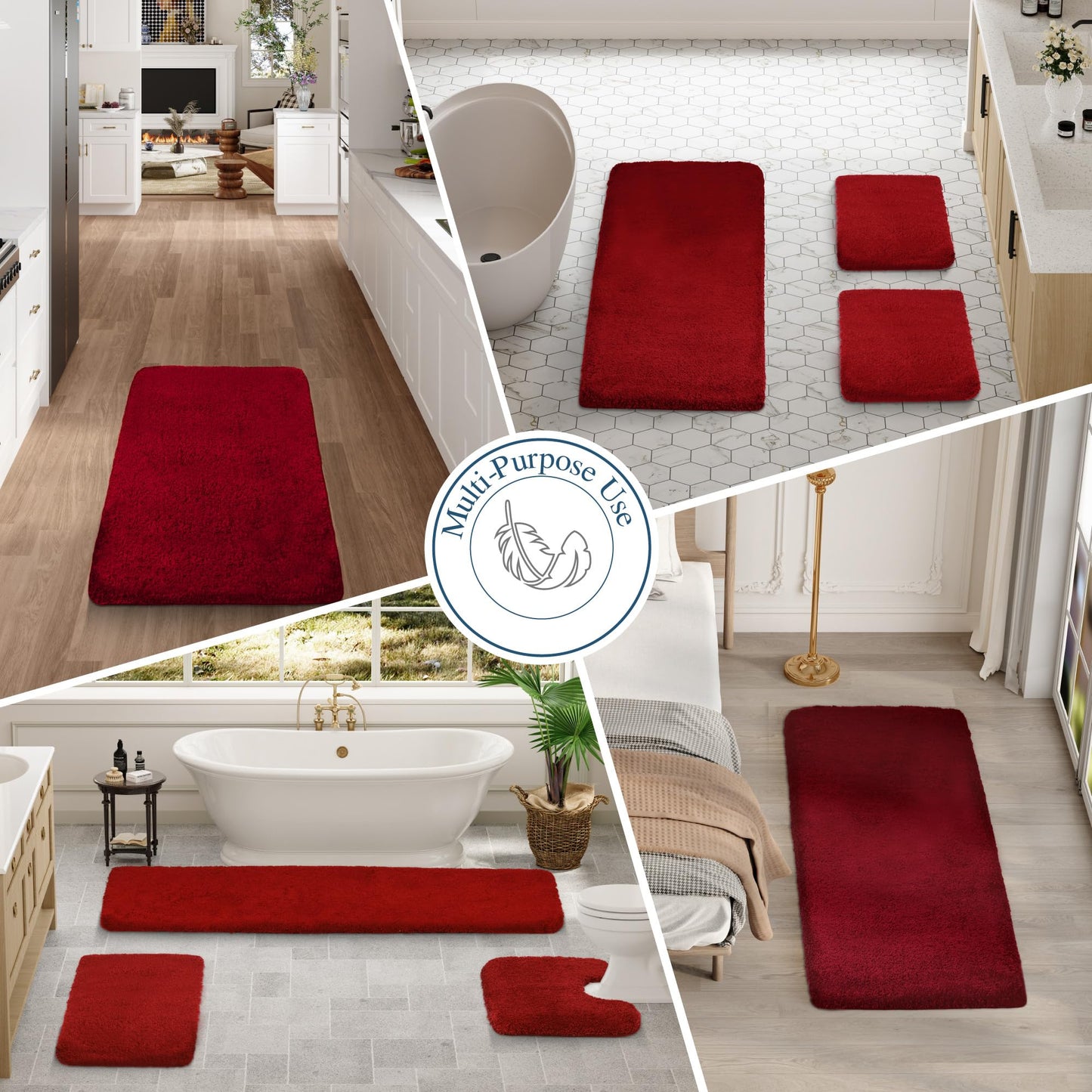 Walensee Bath Rug - Non Slip, Soft Microfiber Shaggy Bath Mat (20 x 32, Red), Machine Washable, Thick Plush Shower Mat
