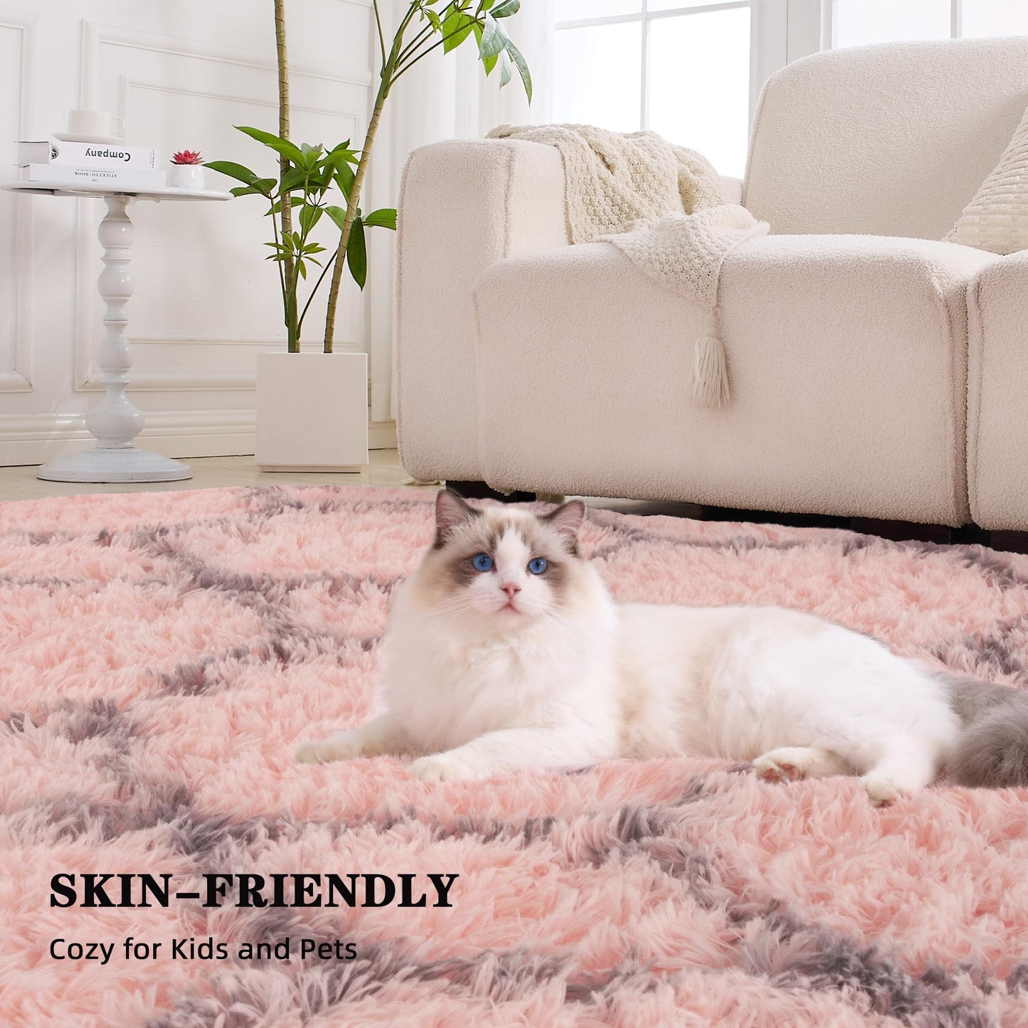 ARKIIKI Fluffy Rug for Bedroom Living Room, 4x6 Pink Soft Area Rug, Machine Washable Shag Geometric Fuzzy Kids Non Slip Carpet Home Decor Aesthetic, Plush Floor Mat for Nursery Teen Dorm, Pink/Grey