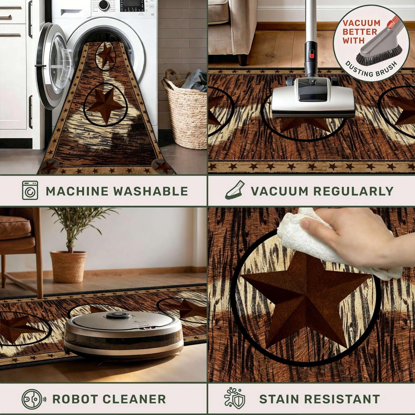 CRJMKS 2.6x7 Western Rugs for Hallway Rustic Brown Texas Stars Long Runner Rug,Native American Tribal Inspired Indoor Accent Throw Carpet for Farmhouse Bathroom Rug Non Slip Easy to Clean