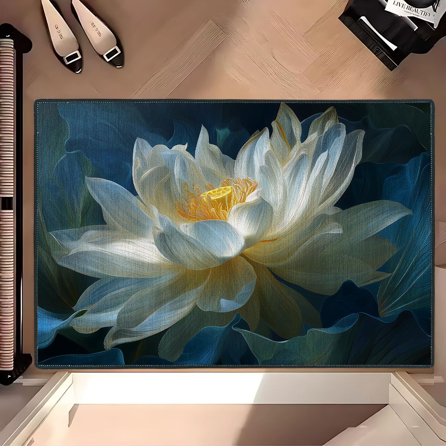 Flower Lotus Area Rug 2x3 ft Entry Rug Washable Boho Rugs Non Slip Low Pile Floral Door Mat Small Carpet for Bedroom, Bedside, Kids Room, Office, Dining Room