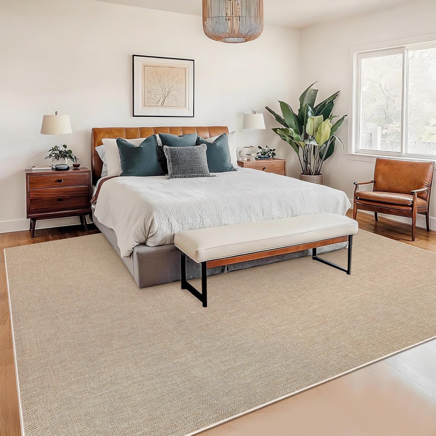 Garvee Modern Solid Washable Rug 8x10 Area Rug for Living Room Woven Textured Ultra-Thin Mat Non Slip Non-Shedding Indoor Floor Cover Foldable Farmhouse Carpet for Bedroom Office Dining Room Tan