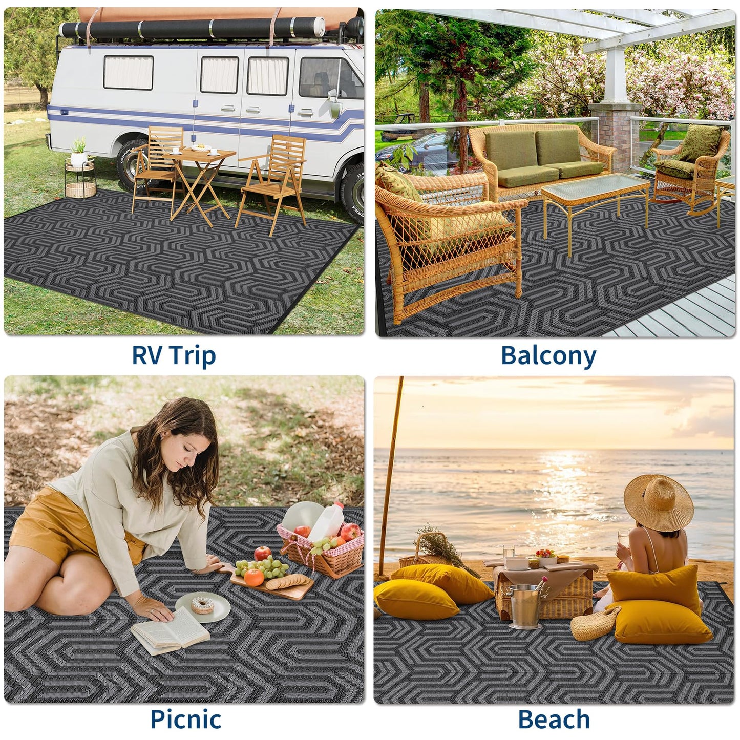 MilleLoom 9x12 Outdoor Rug Waterproof Foldable Plastic Straw Carpet for Patio Porch Abstarct Line Reversible Mat Lightweight Floor Mat for Picnic, Backyard, Rv, Beach, Deck, Camper, Balcony,Black/Grey