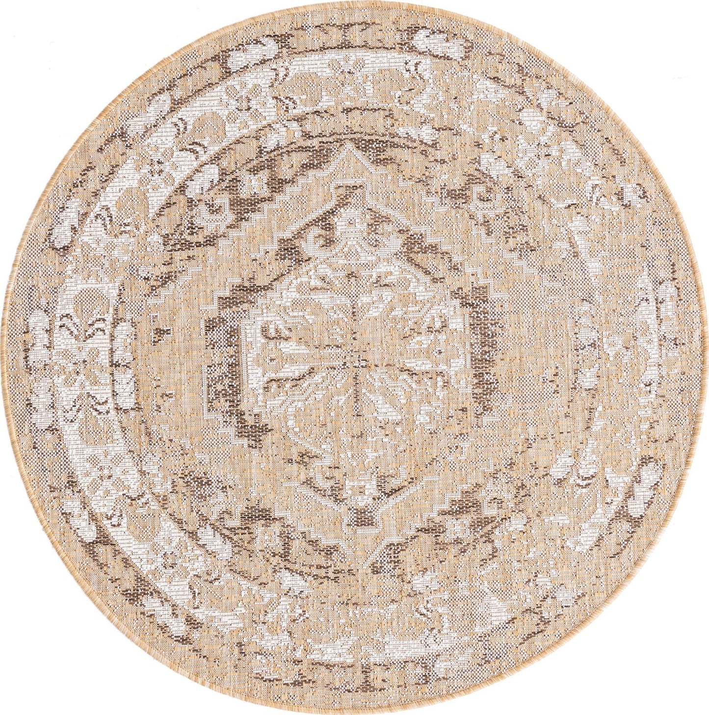 Rugs.com Outdoor Traditional Collection Rug – 4 Ft Round Natural Flatweave-Pile Rug Perfect for Kitchens, Dining Rooms